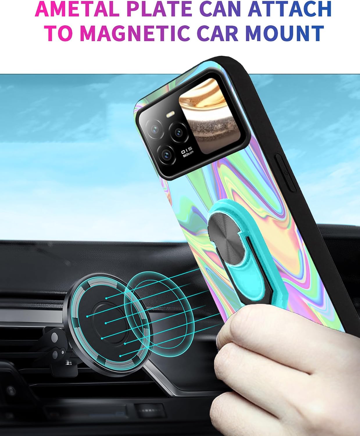 Soft Rubber Case for BLU Bold N4, Compatible for BLU Bold N4 TPU Cover with Built-in Metal Ring Grip Finger Holder Kickstand [Support Car Magnetic] Hands Free | Multi-Colored Art Wavy Printed image 4