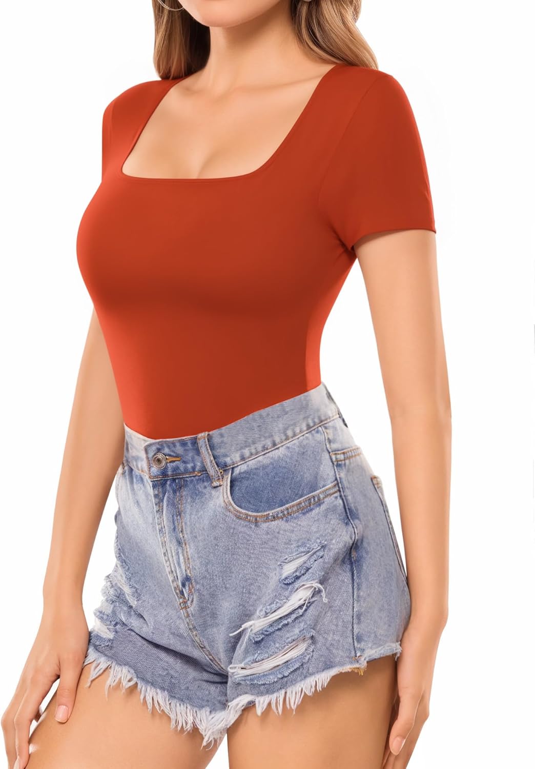 MANGOPOP Womens Square Neck T Shirts Long Sleeve Short Sleeve Tops Fitted Tees - Image 2