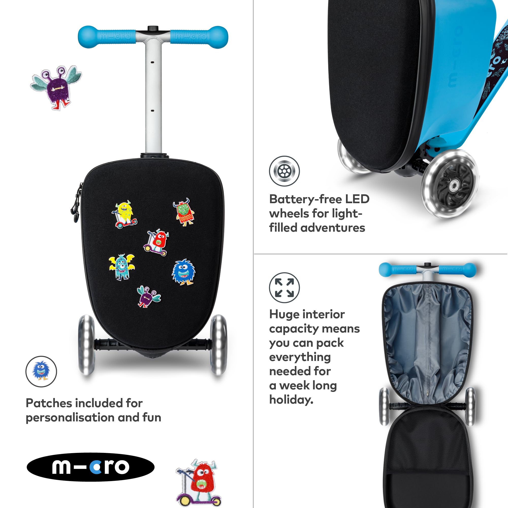 Micro™ Luggage junior Patch & Play wózek dziecięcy z hulajnogą | regulowana wysokość i składana | walizka podróżna | bagaż podręczny dla dzieci | walizka, wózek i hulajnoga w wieku od 3 lat