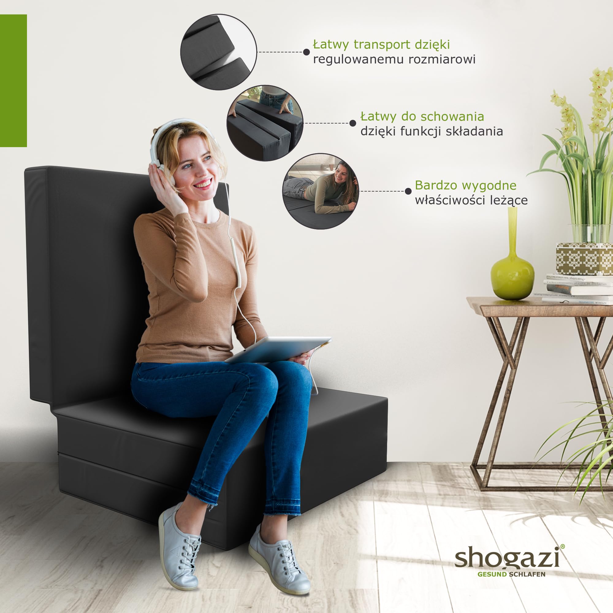Składany materac 90 x 200 x 12 cm Shogazi® TRAVEL, materac dla gości, 3-częściowy, kostka rehabilitacyjna, wysokiej jakości zimna pianka, bawełniana poszewka nadaje się do prania, wykonano w Niemczech, antracytowa
