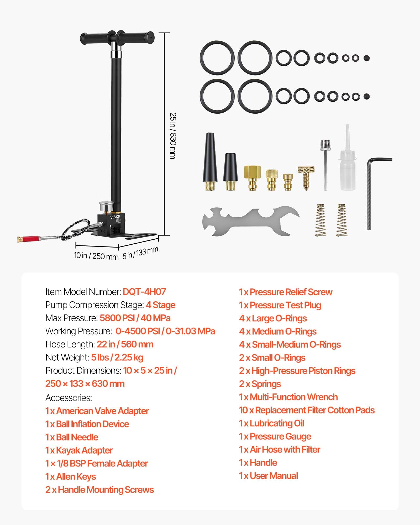 VEVOR PCP-Handpumpe 4-stufig, Hochdruckpumpe bis 40 MPa, Standpumpe mit Öl-Wasser-Filter, Manometer und Edelstahlgehäuse, für Luftgewehre, Paintball, Reifenbefüllung und Schlauchboote Schwarz