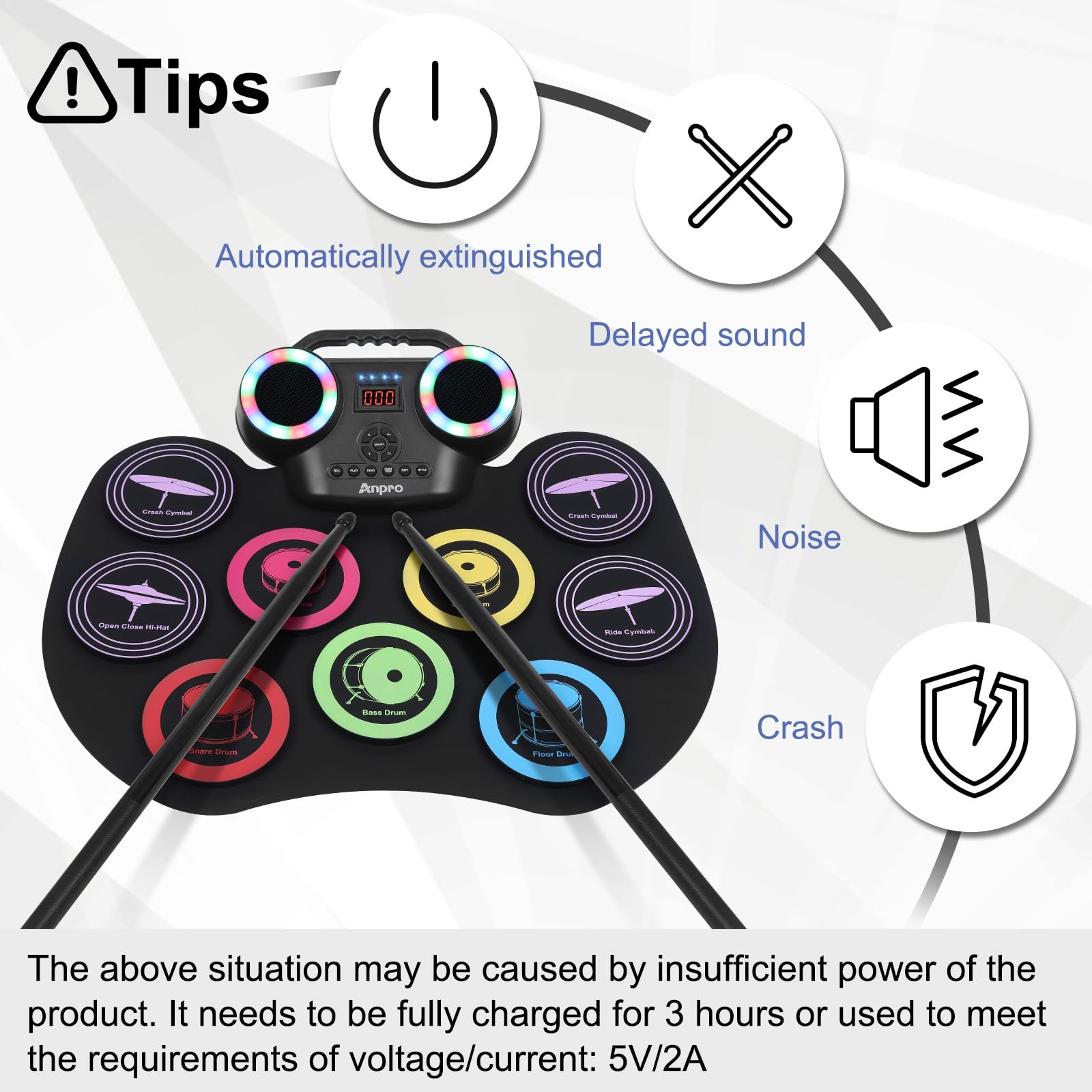 Anpro Batteria Elettronica Digitale Tamburo Set, 9 Drum Pads con 2 Bacchette Pedali, Schermo LED, Portatile Pieghevole
