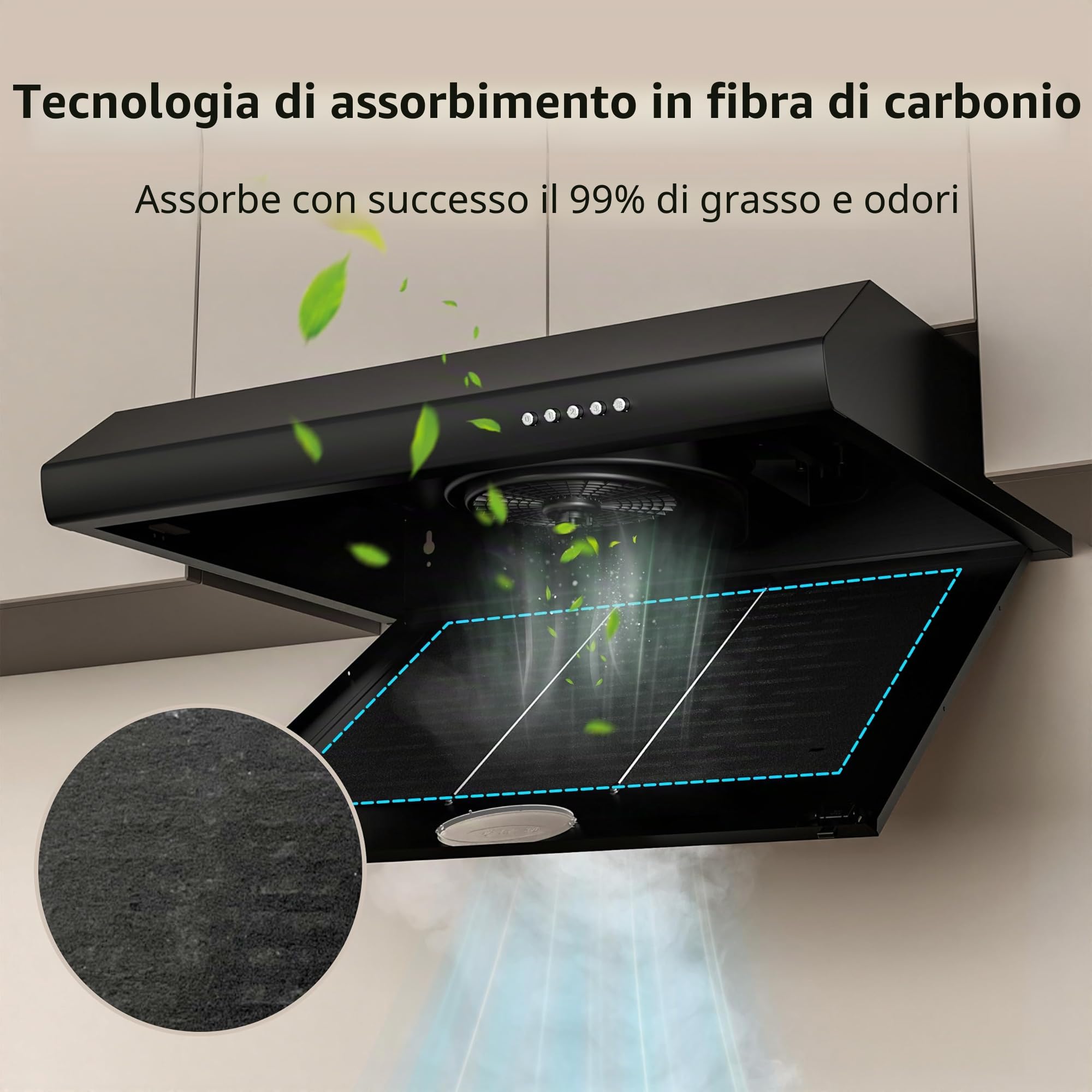 FIREGAS Cappa Aspirante 60 cm, Alta Efficienza, Design Moderno, Luce LED, Risparmio Energetico e Ricircolo,Cappa Cucina,Cappa Aspirante 60 cm Sottopensile,Nero