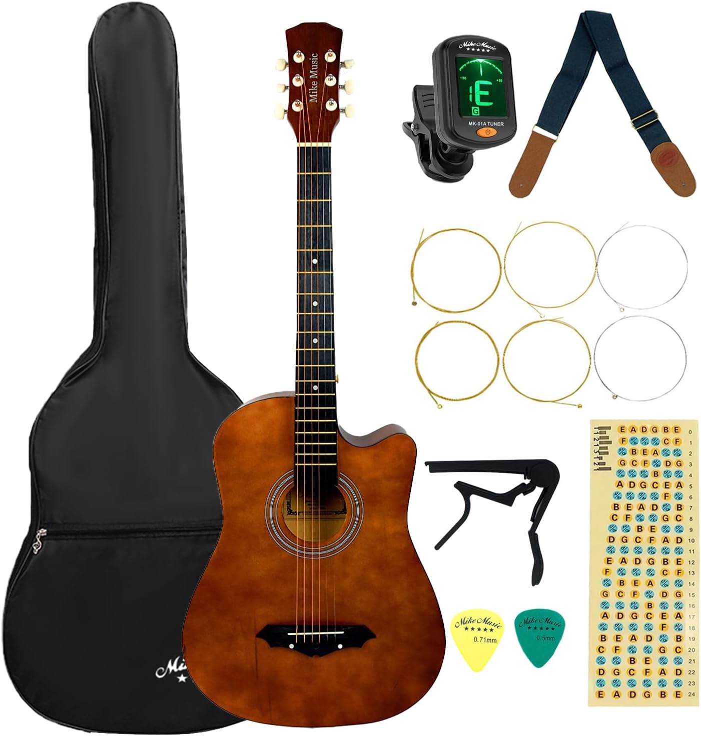 38 Inch Acoustic Guitar for Beginner Adult Teen, Full Size Right Hand Guitar 6-Strings Acoustic Guitar Set With Accessories Bag, Strap, Tuner, Strings, Capo, Picks, Fretboard Guide (Brown Matte)