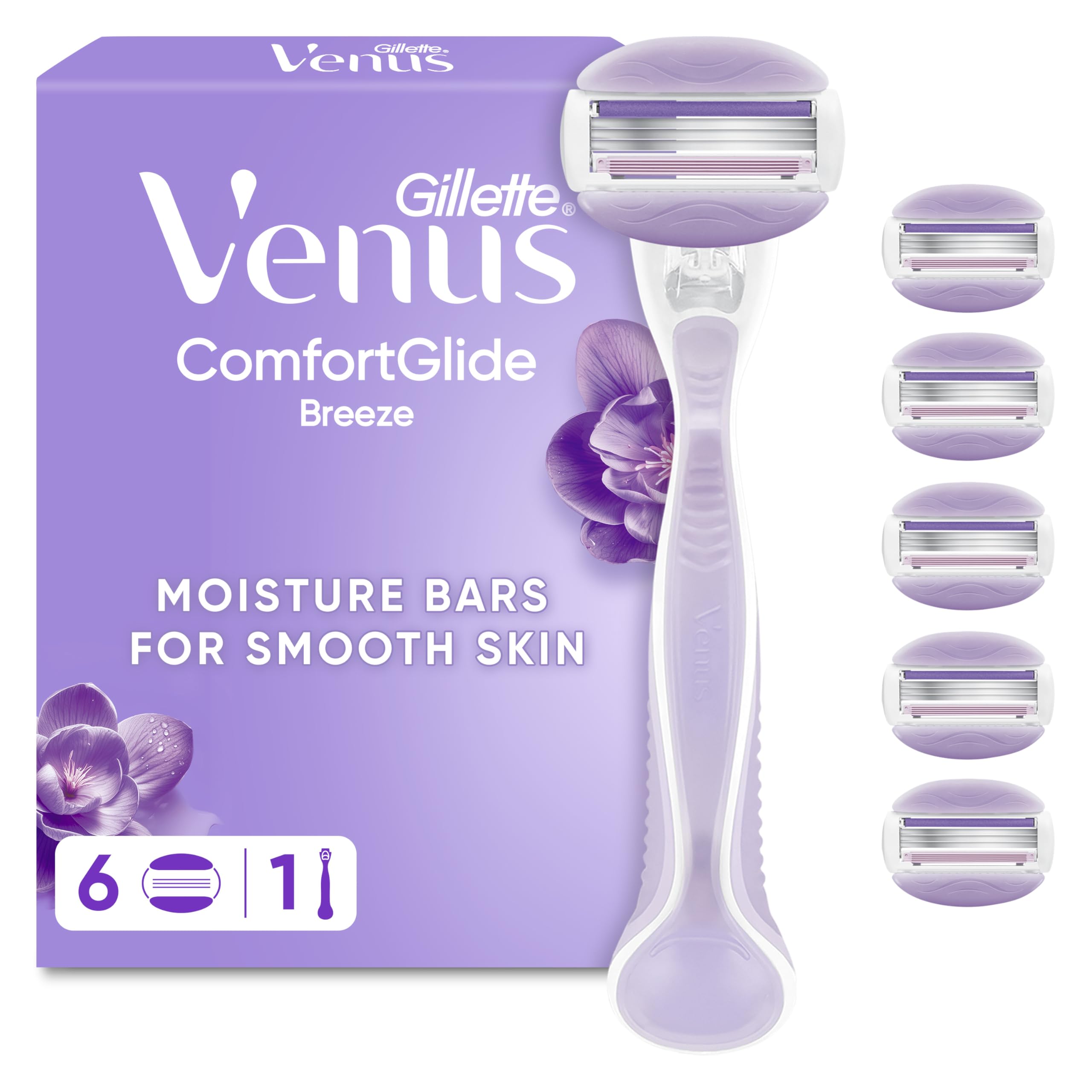 Gillette Venus Comfortglide Breeze Razor, 1 Handle, 6 Refills of Blades, 3 Blades, Gentle Shaving