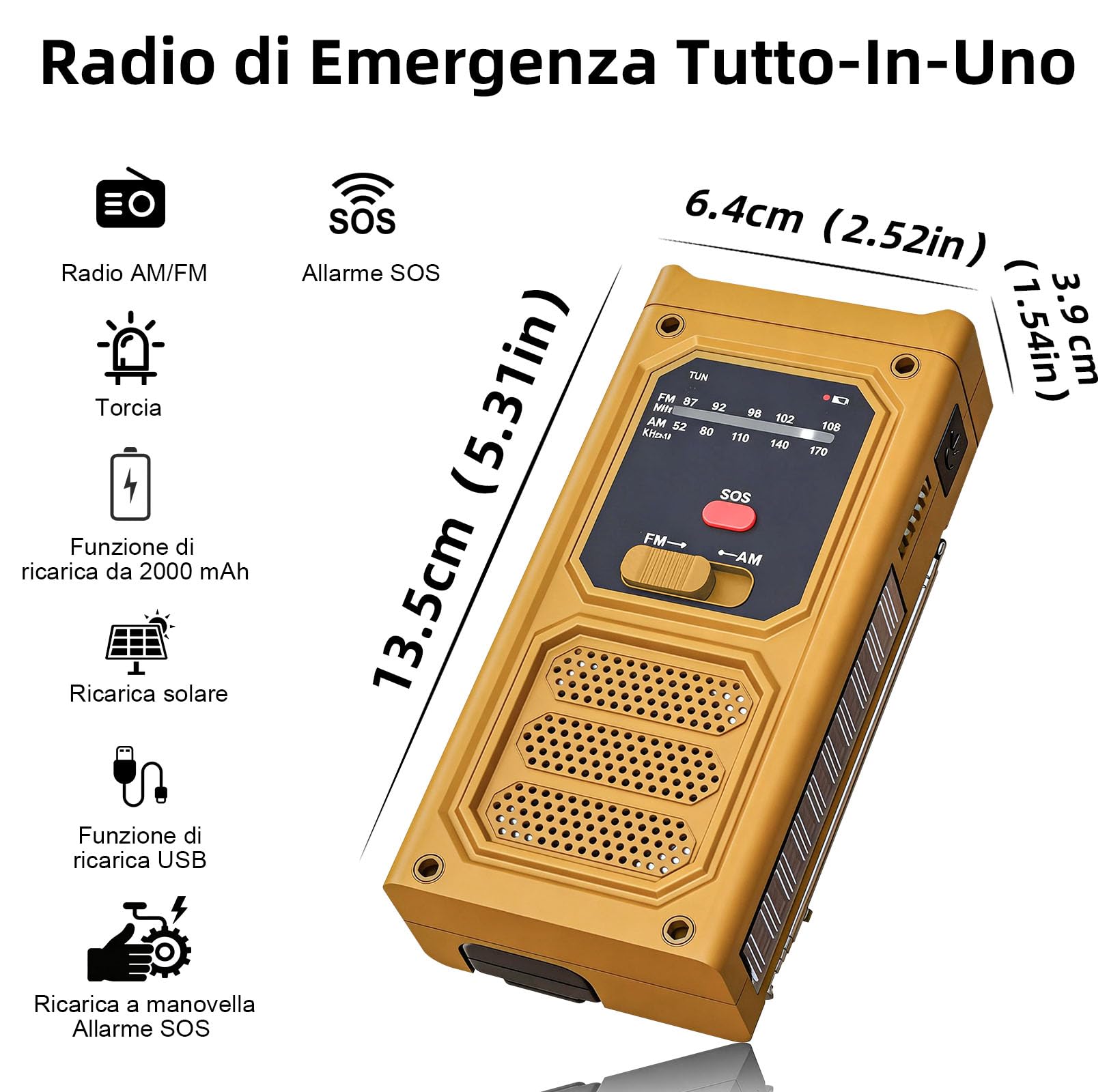 Radio Solaire d’Urgence, Radio à Manivelle avec Lampe Torche LED, Alarme SOS, Recharge par USB/Solaire/Manivelle, Radio AM/FM avec Batterie de 2000mAh pour Camping Randonnée Survie, Orange