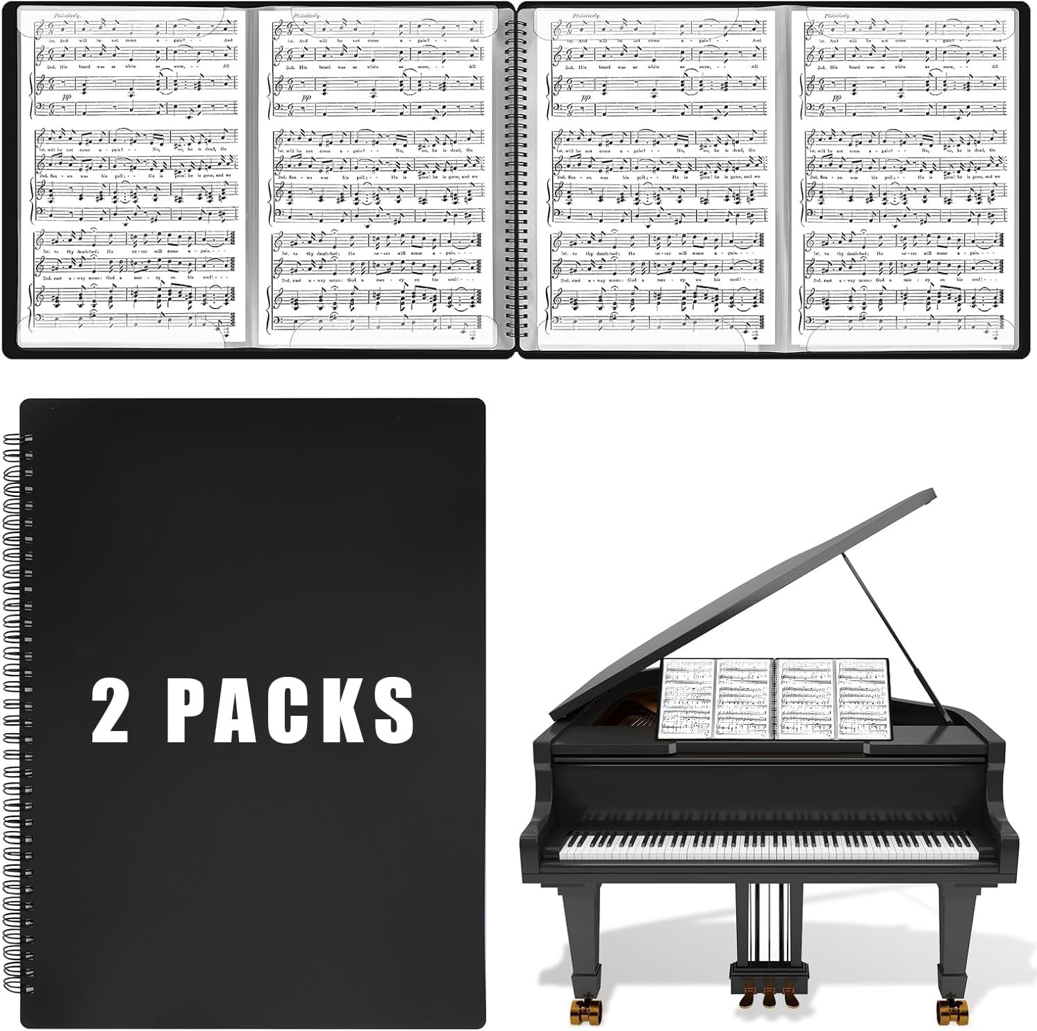 2 Pack Sheet Music Folder 4 Pages Expand Piano Sheet Music Binder 60 Sleeves 120 Pages A4 Size Black Double Side Writable Choir Folder for Marching Band Piano Fits Letter Size (8.5x11in/216mmx279mm)