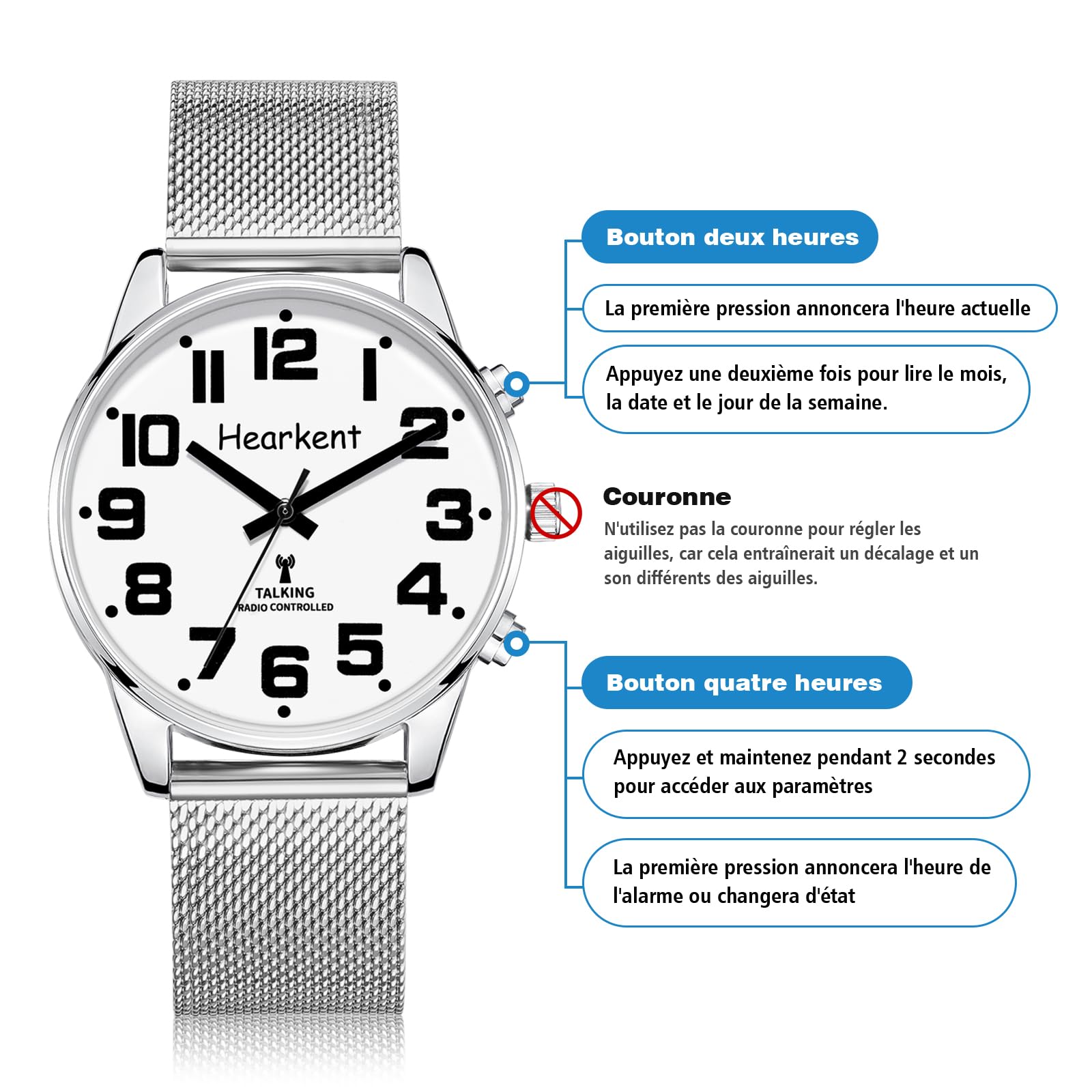 Hearkent Montre Parlante pour Malvoyant Homme, avec Voix Française | Grands Chiffres Clairs et lisibles, Voix Puissante, Durée l'étalonnage Automatique Réception Signal