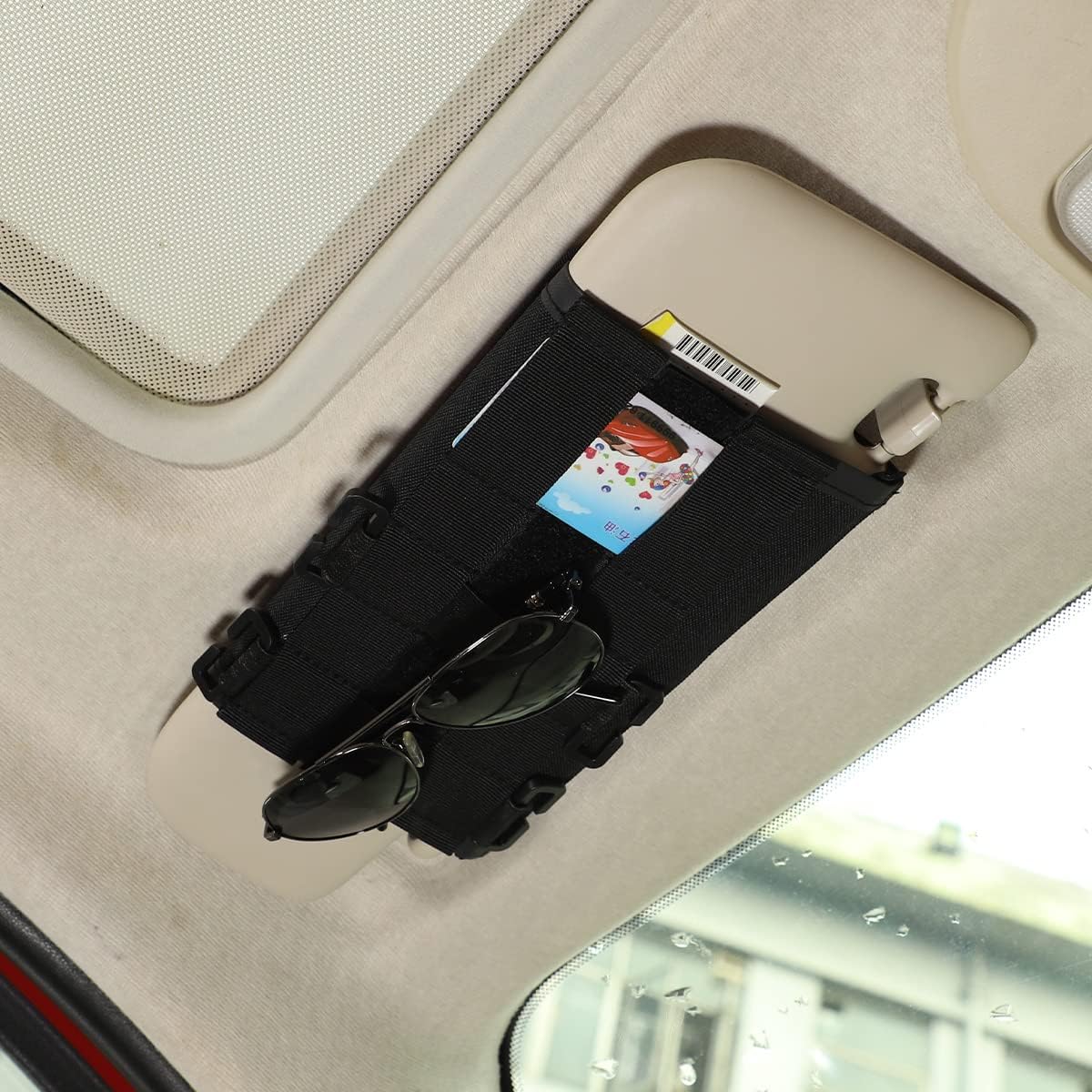 Car Interior Sun Visor Left Storage Bag, Cosmetic Mirror Storage Bag,Multifunction Organizer Storage Bag Compatible with Fiat 500 2010-2022 Abarth 595 2014-2022 (Black)