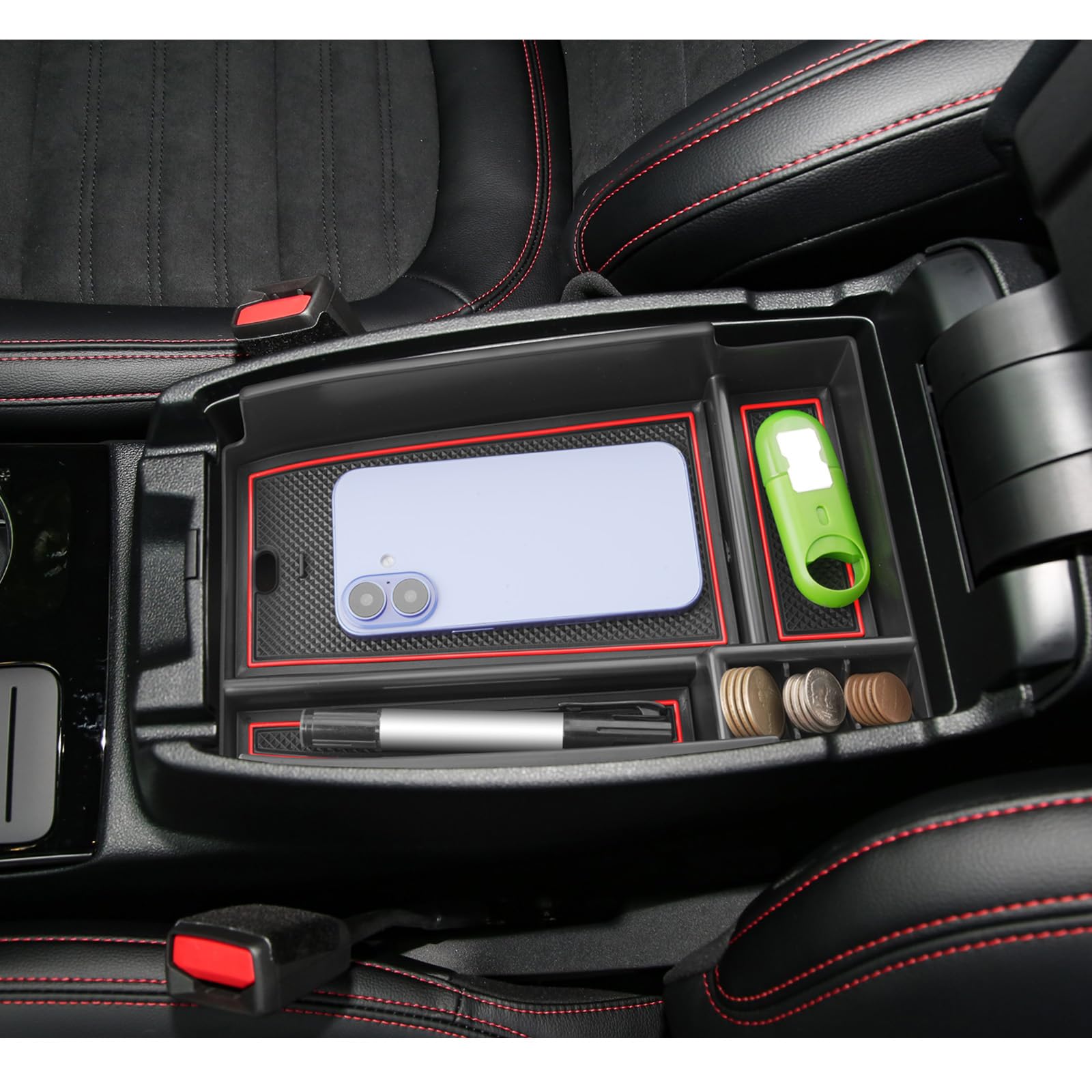 LUWU Center Console Organizer Compatible with Ford Escape 2020-2025 2026 Accessories Bronco Sport 2021-2025 Accessories Armrest Console Storage Box Insert Tray ABS Material Black Coin Container Red