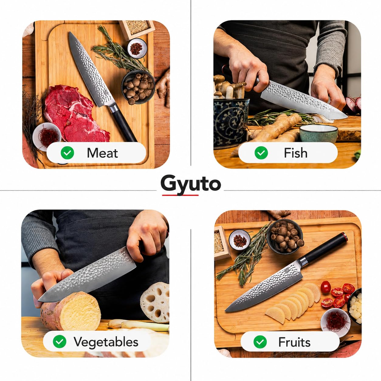 KOTAI | Cuchillo de chef Gyuto | Cuchillo de chef profesional | Hoja de 20 cm | Cuchillos forjados a mano | Acero inoxidable japonés 440C | Mango de madera de Pakka | Tang oculto completo