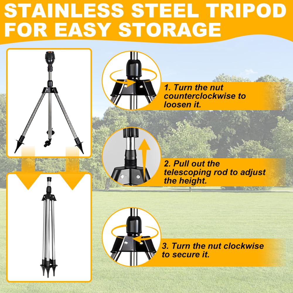 Rotating Tripod zraszacz do trawnika, zraszacz impulsowy ze statywem teleskopowym, obracany o 360 stopni, zraszacz ogrodowy z niewielkim ciśnieniem, do ogrodu