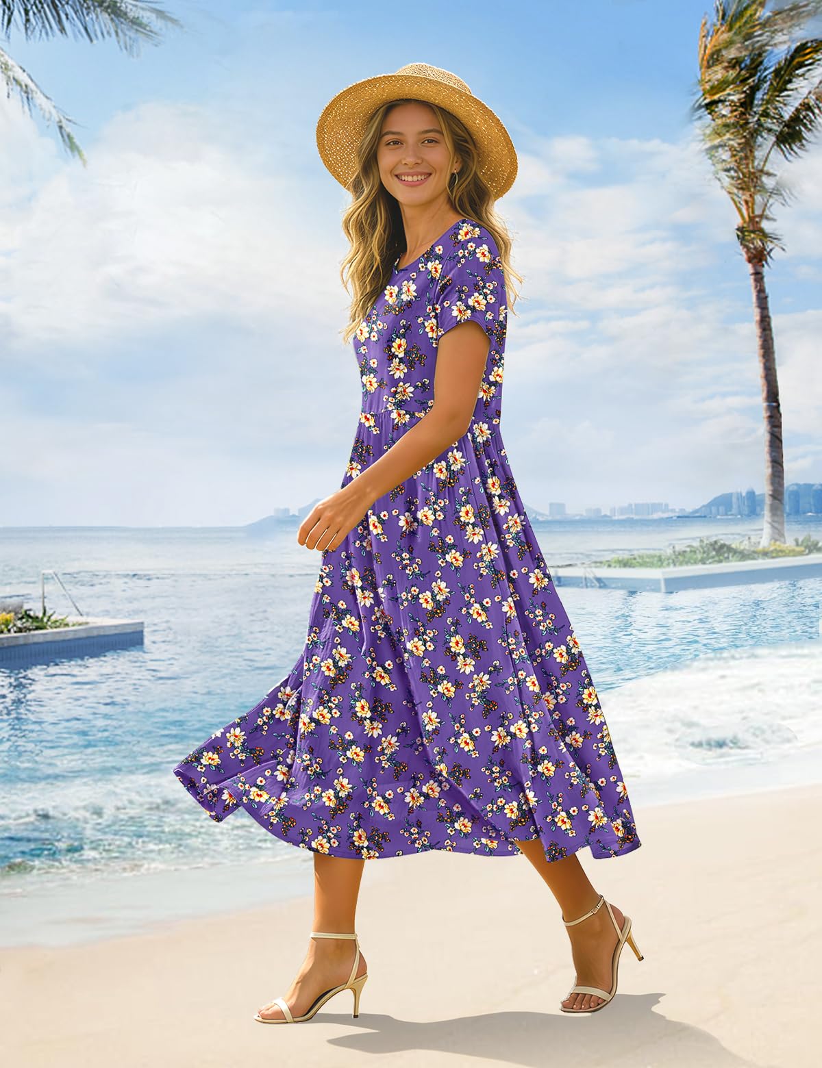 Vestido largo de verano para mujer, casual, holgado, bohemio, floral, para vacaciones en la playa, con bolsillos, HD1