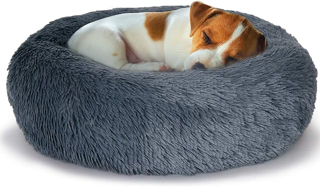 Pasking Calming Donut Dog Bed for Small Dogs Cats, Fluffy Anti Anxiety Dog Beds Washable Puppy Bed Non-Slip Plush Cuddler Warming Round Faux Fur Pet Bed Indoor Grey(60cm)