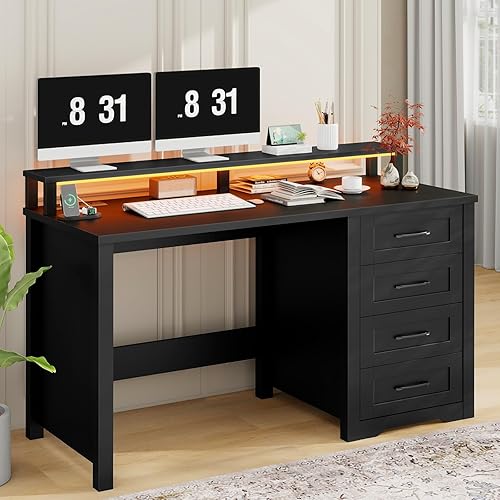 Vabches Escritorio ejecutivo de granja de 47 pulgadas con soporte para monitor y luces LED, escritorio de computadora de 4 cajones con tomas de
