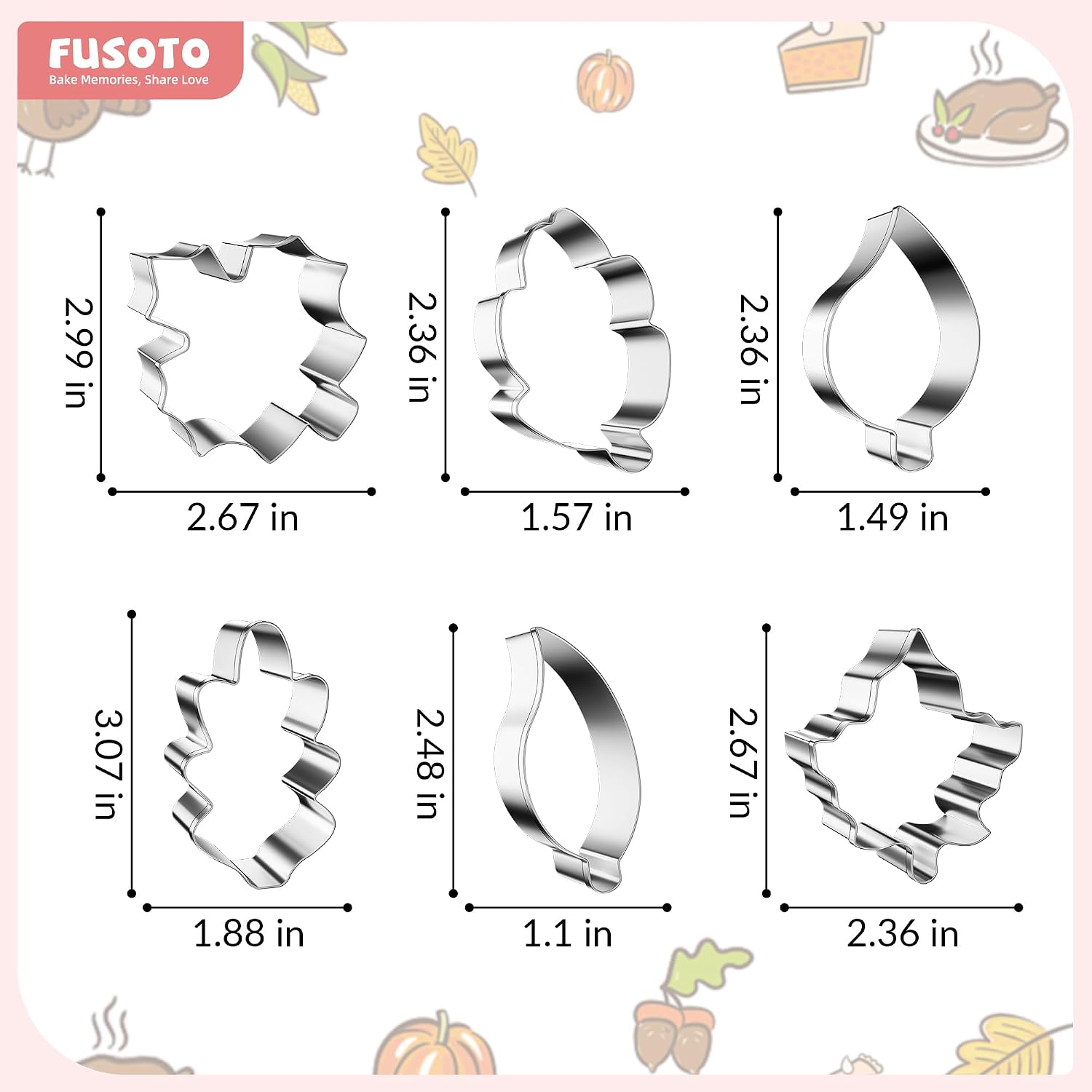 FUSOTO 6PCS Fall Leaf Cookie Cutter Set - Leaf Shaped
