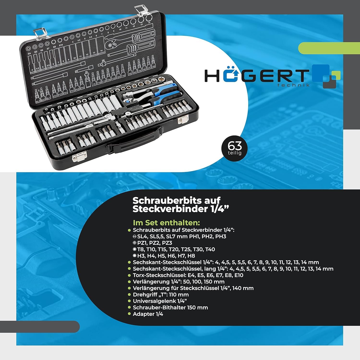 Högert Technik - Set di utensili da 63 pezzi Valigetta portautensili Chiavi a bussola, punte e accessori 1/4” Cr-V Stampato a stampo I Meccanismo a cricchetto con 72 nottolini