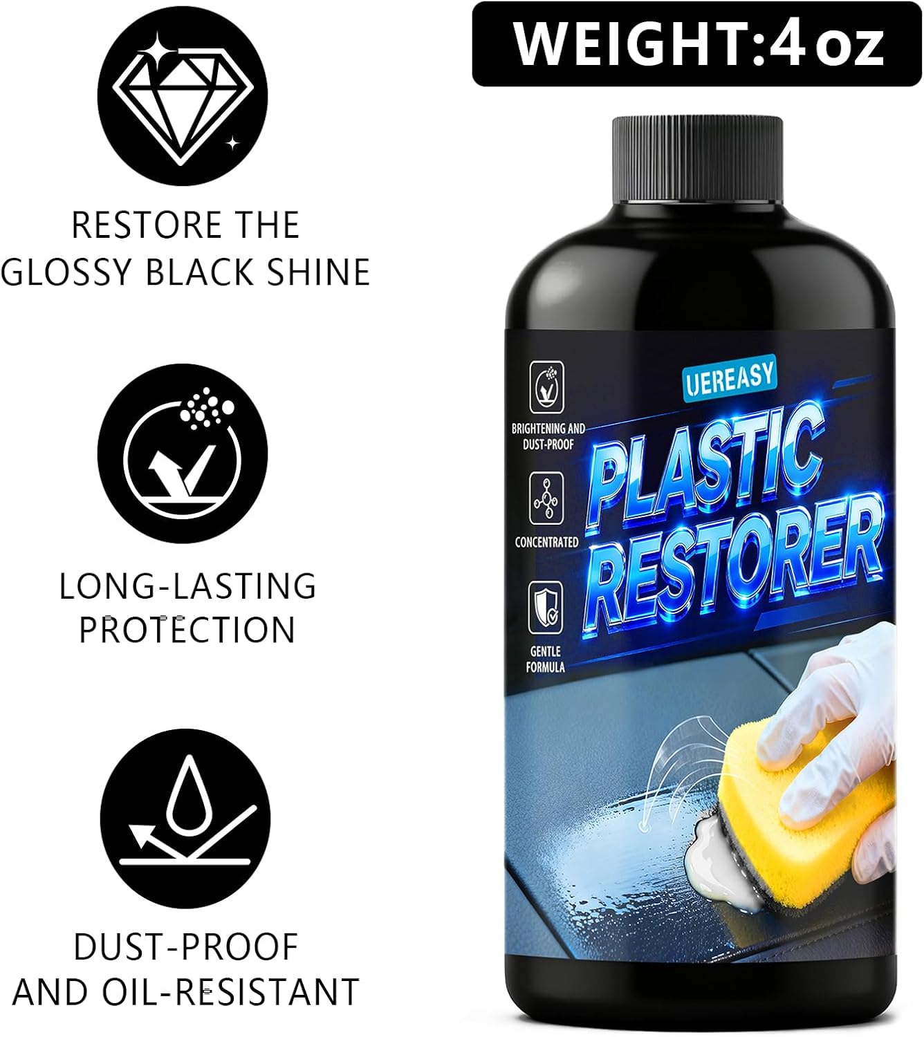 Plastic Restorer for Cars, Black Trim Restorer, Silicone Resin Coating Refurbisher, Quick Restoration, Great Gloss Protection, Bring Plastic, Rubber, and Vinyl Back to Life (4 oz)