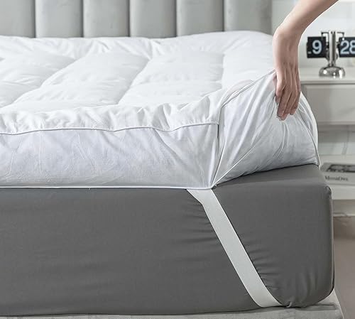 WhatsBedding Cubrecolchón de plumas de ganso de 5 pulgadas, 100% algodón 2500 GSM, sobrerelleno de almohada superior, cubrecolchón de espuma