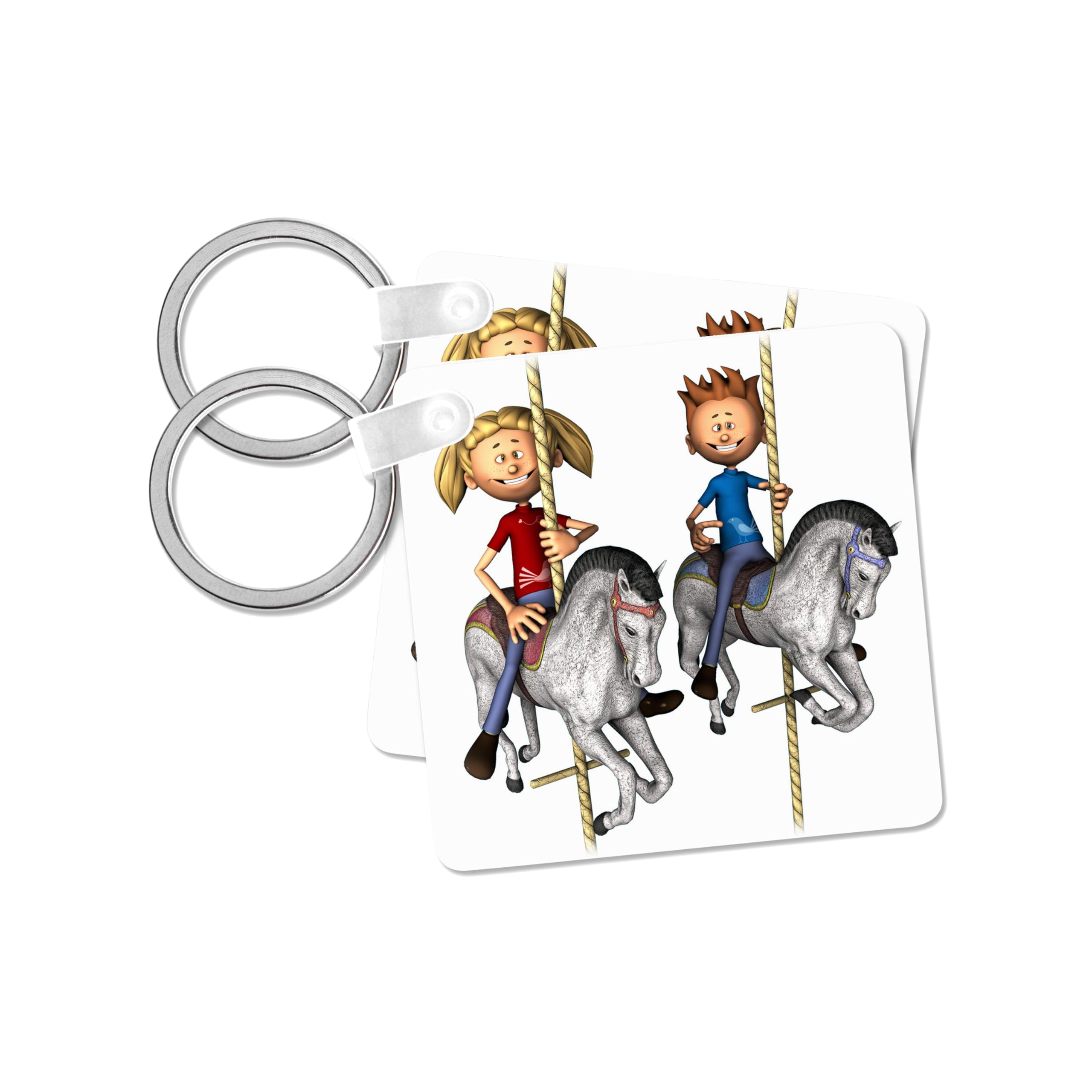 3dRose, Carousel with boy and girl riding horses, set of 2 Key Chains