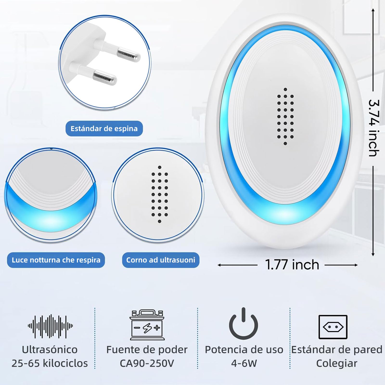 Repelente Ultrasónico de Plagas 6 Pack Antimosquitos Electrónico para Interiores Roedores Arañas Cucarachas