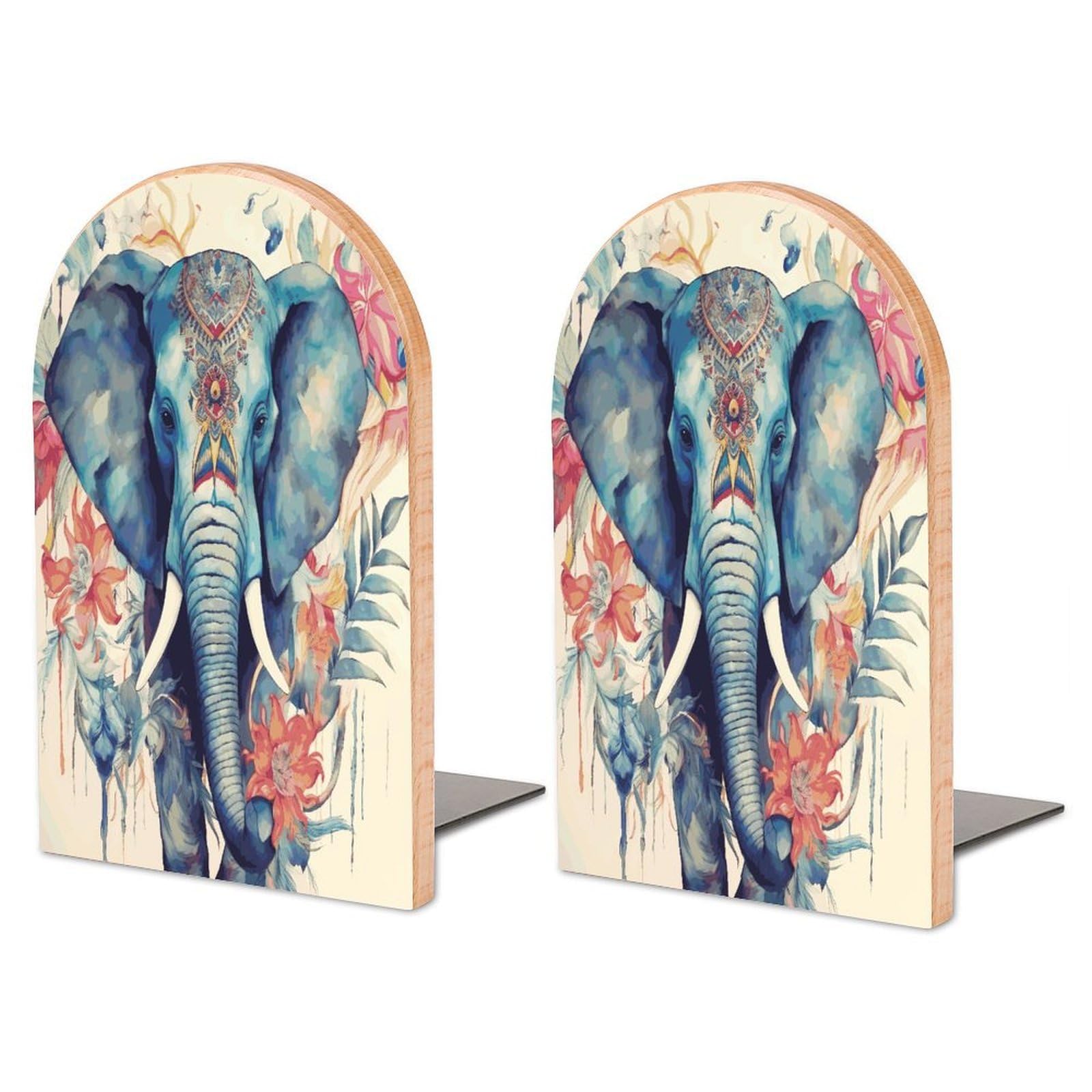 Large Peacock Feathers Elephant Book End with Metal Base Fashion Heavy Duty Bookend Exquisite Wooden Bookends Non-Skid Book Stopper for Shelves Books Organizer for Office Home 1 Pair