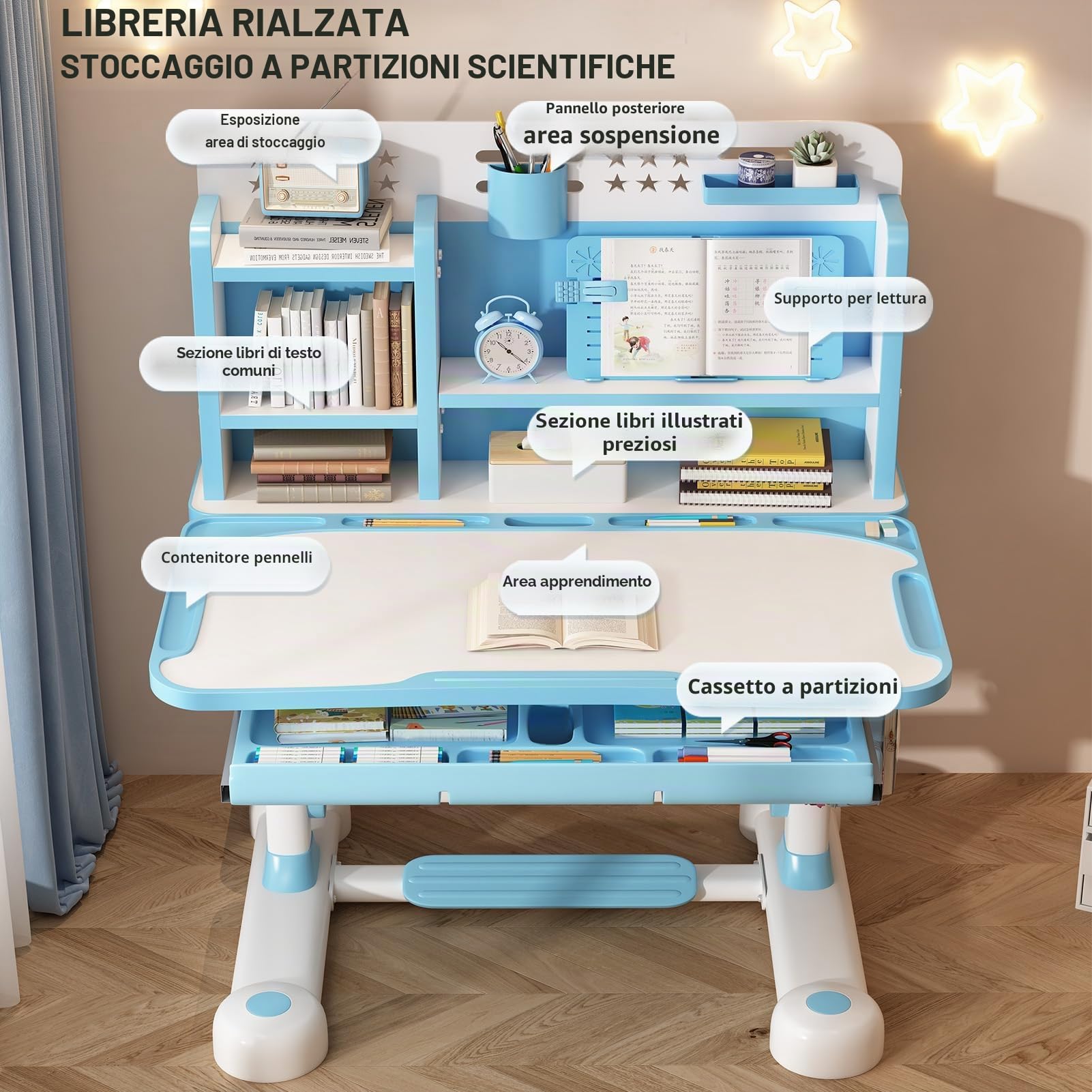 Set scrivania e sedia da studio per bambini, altezza regolabile, set di sedie da tavolo scolastico per bambini e ragazze, tavoli di apprendimento con lampada, supporto per libri, cassetto di