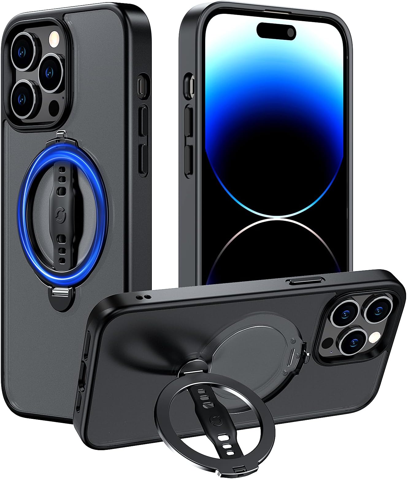 EWADesigned for iPhone 14 Pro Max Case Compatible with MagSafe, MagOne Case with Stand, Ring Holder Strap Grip, Shockproof Protection (Matt Black)