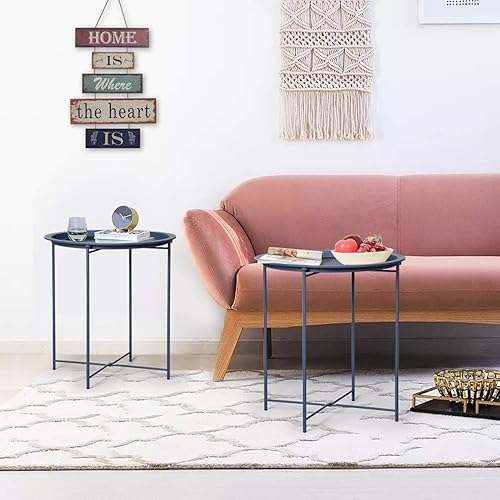 Miniatura 6 de VECELO Mesas auxiliares modernas, bandeja plegable redonda de metal, mesita de noche estable para exteriores, espacio pequeño, sala de estar y
