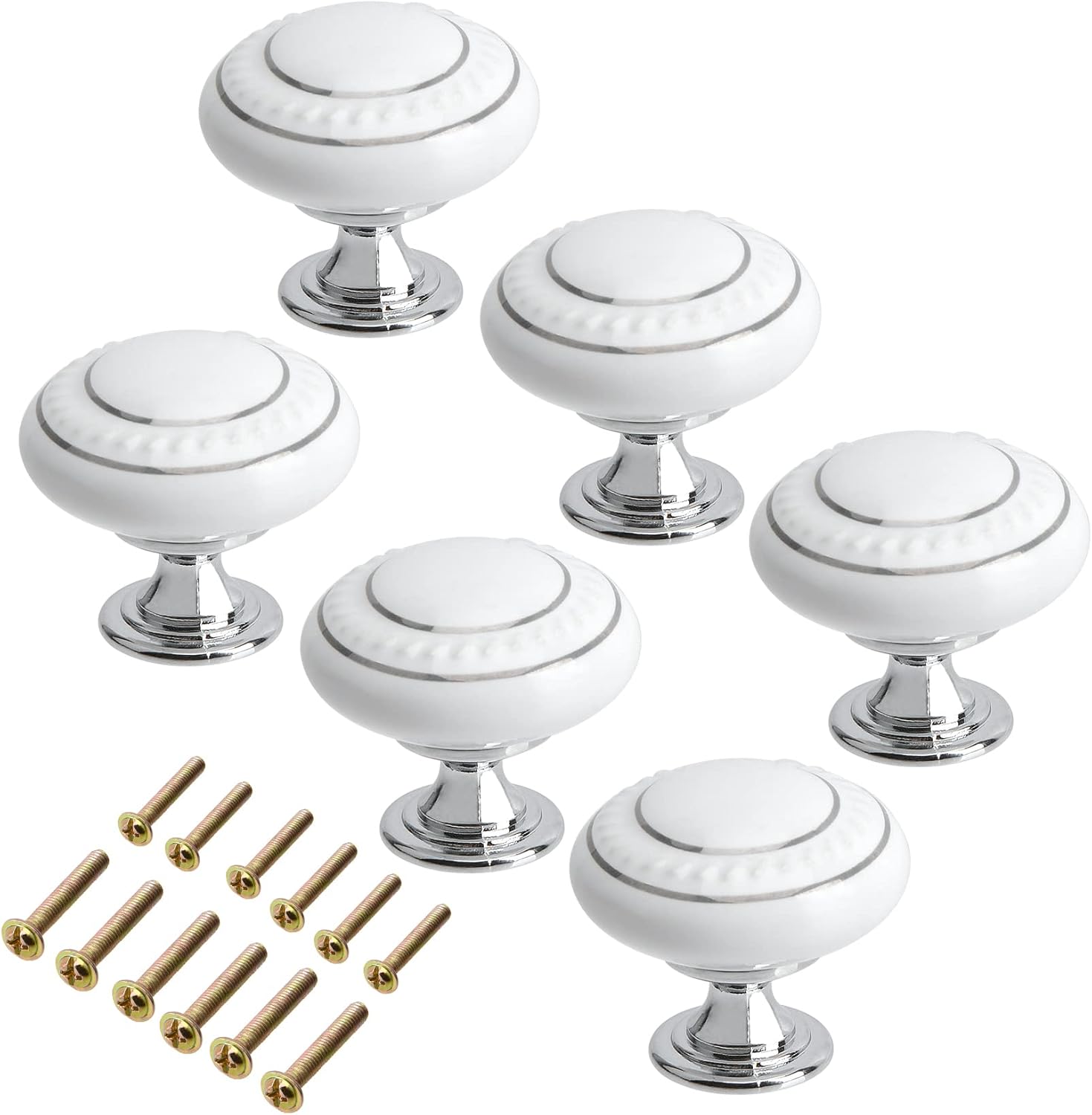 White Kitchen Ceramic Cabinet Knobs, 6 Pack Vintage Round Knobs for Dresser Drawers Pull Handle Knobs with Screws for Cupboard, Wardrobe, Bathroom