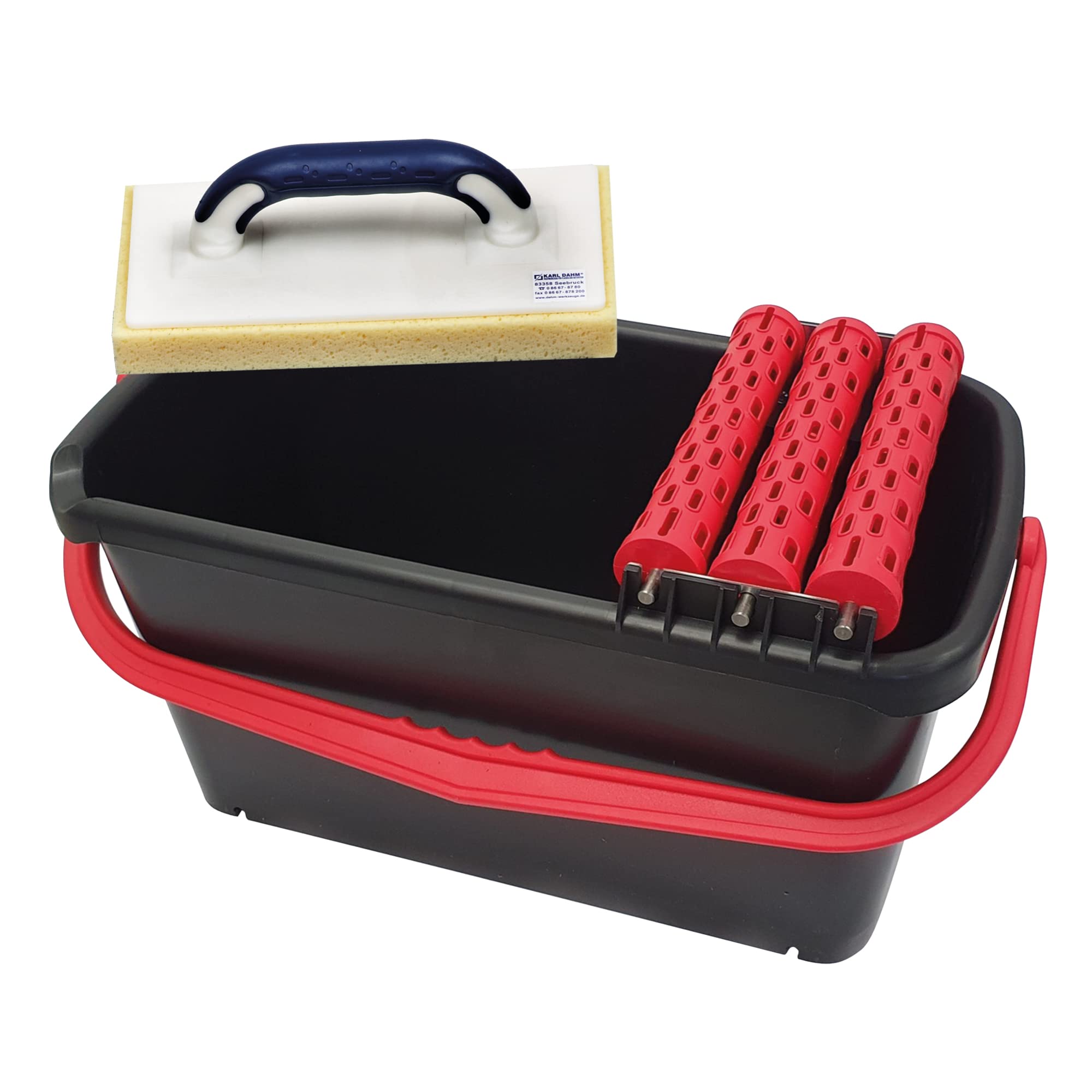 Karl Dahm® Rollenwaschset Spezial mit 23 Liter Eimer mit 3 Rollen Aufsatz inkl. Schwammbrett gerastert I Schwarz-Rotes Waschset für Fliesenleger I Fliesen- Wascheimer I Fliesen-Wasch-Set Profi – 11986