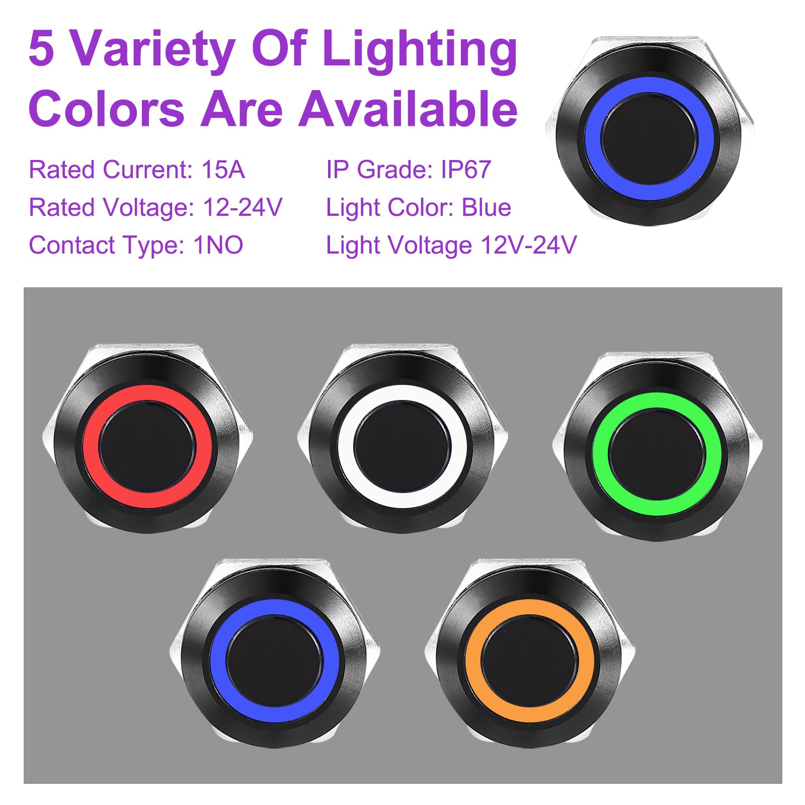 DMiotech 1 Pcs 19mm / 3/4" Stainless Steel Latching Push Button Switch 1NO 15A 12-24V Silver Button Blue Ring Lamp with Socket Plug with Wire for Car Boat Systems Custom Setups - Image 3
