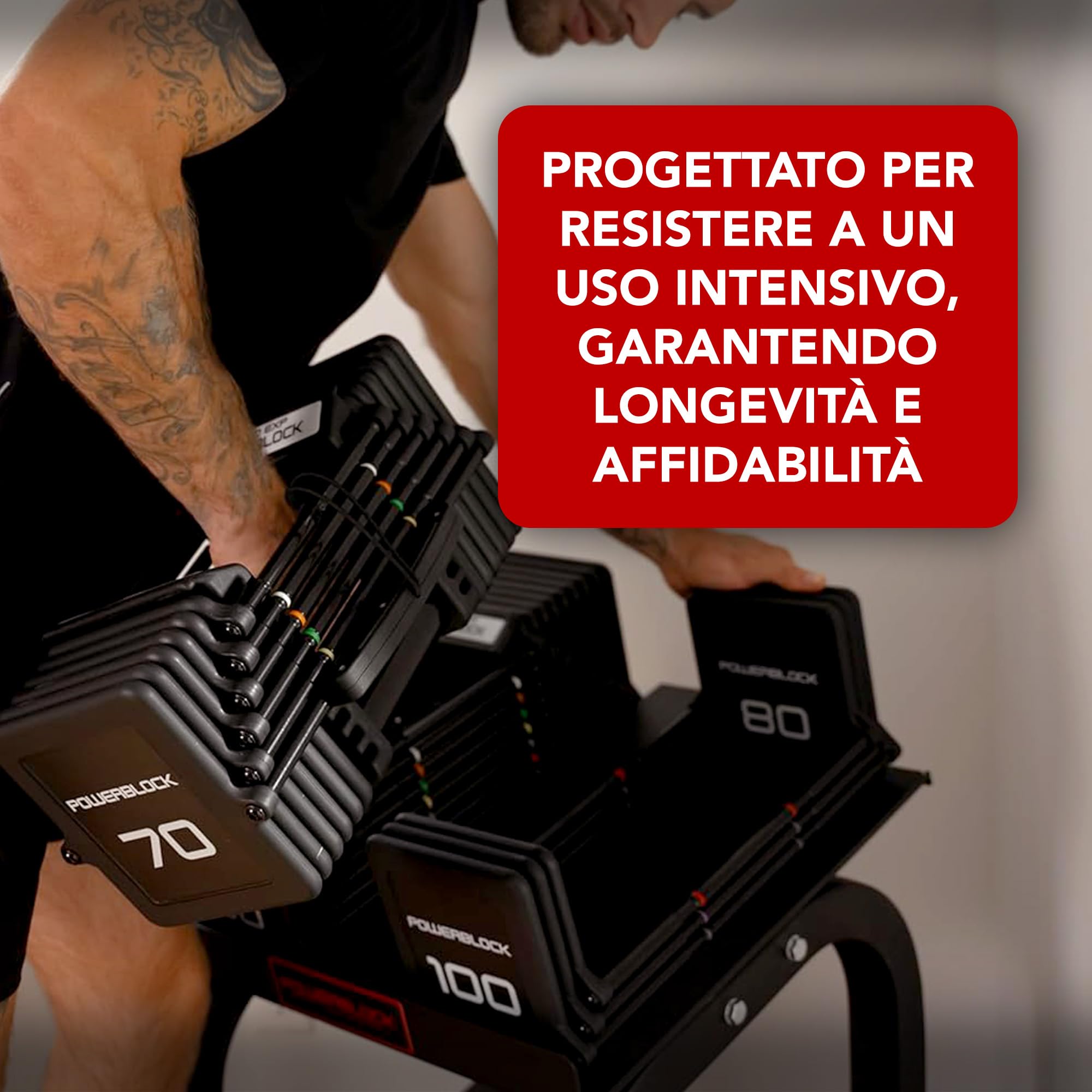 POWERBLOCK Pro 100 EXP Stage 1 - Set di manubri regolabili - Da 1 a 18 kg per manubrio - Struttura in acciaio robusta, espandibile con kit di estensione - Adatto per un uso intensivo