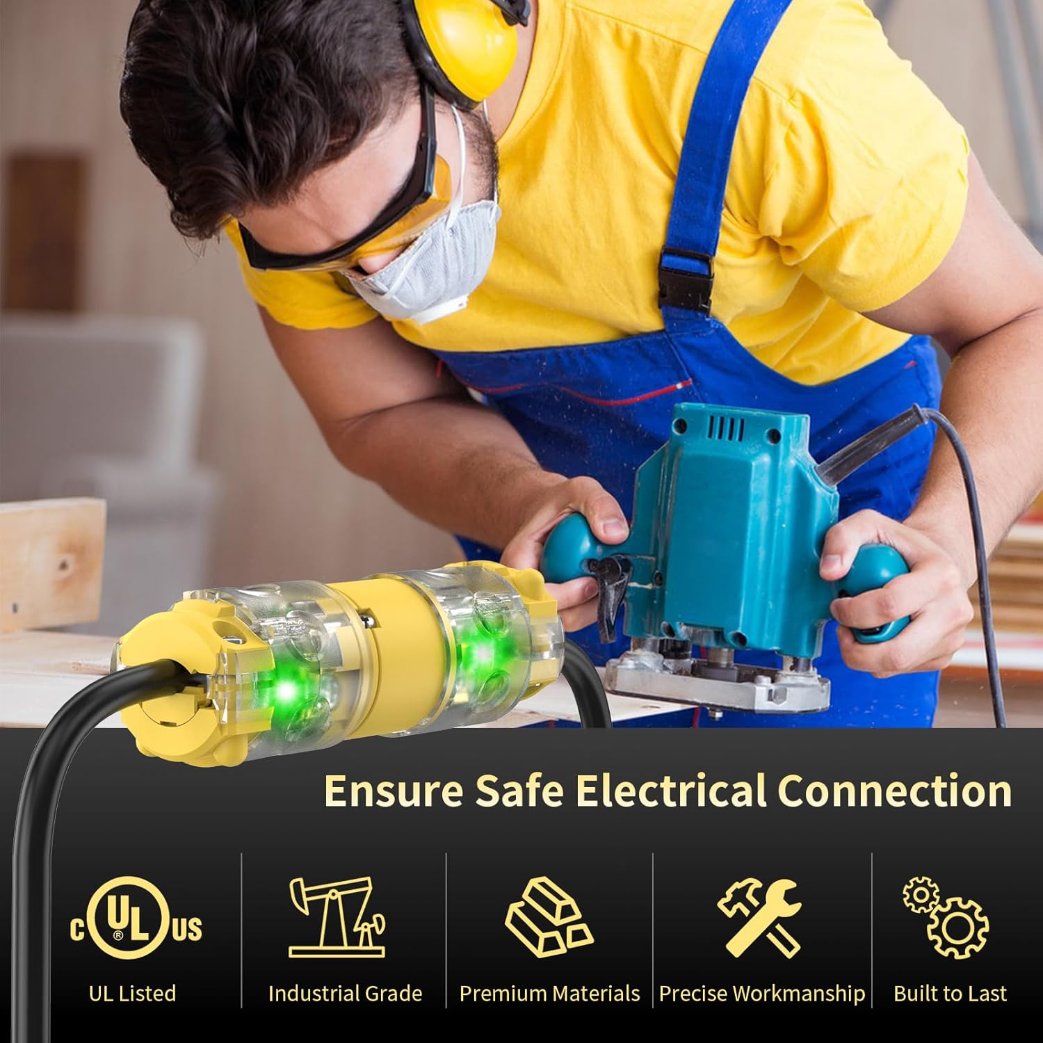 NEMA 5-15 Extension Cord Repair End Illuminated Electrical Male Plug Cord Cap Replacement 15A 120V 3 Prong Straight Blade with Green Neon Light UL Listed 10-Pack