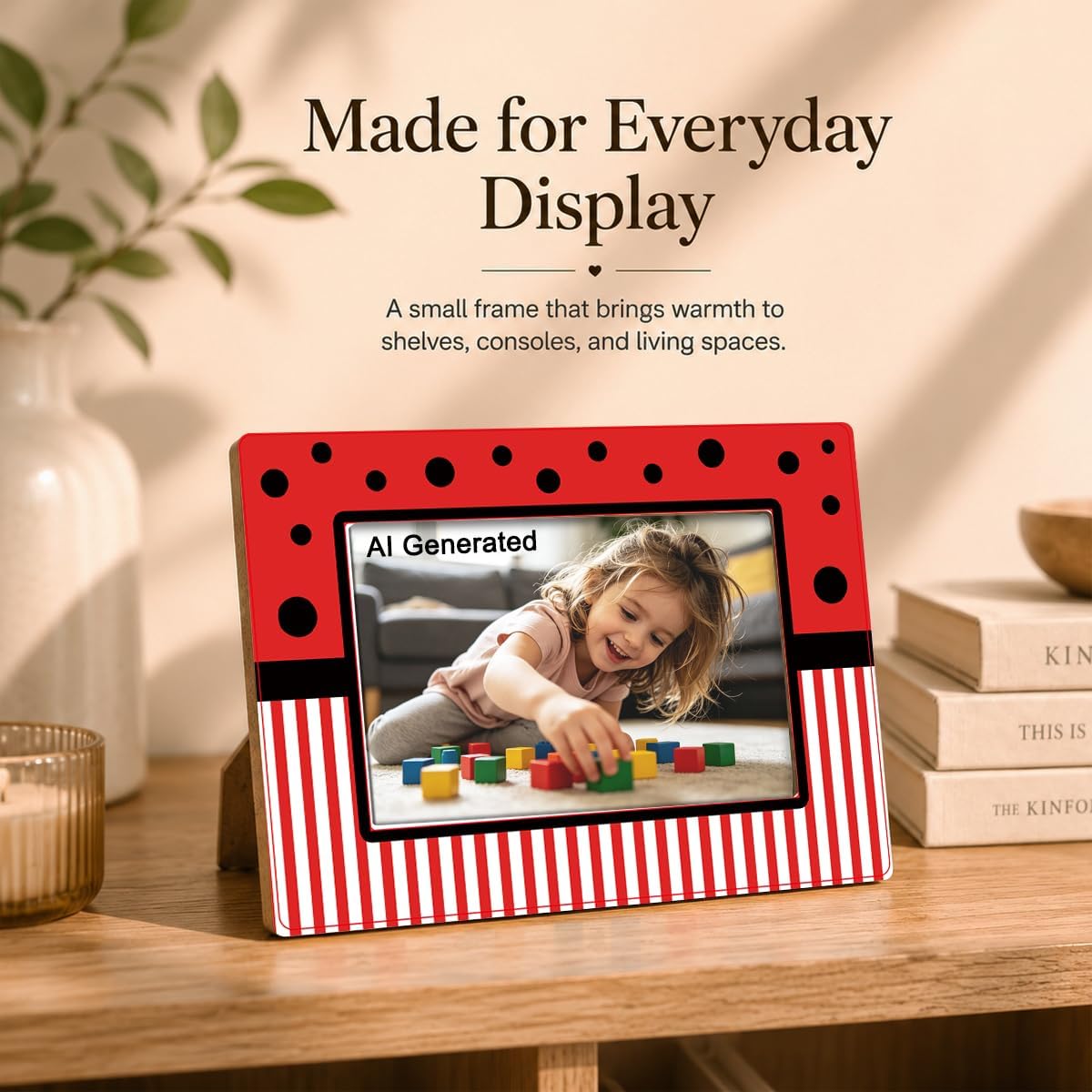 Red Polka Dot Striped Tabletop Photo Frame with Easel Stand, Fits 4x6 Photos, 7.9 x 5.7in Picture Frame for Family Memories, Desk Shelf Decor, Birthday Holiday Gift image 3