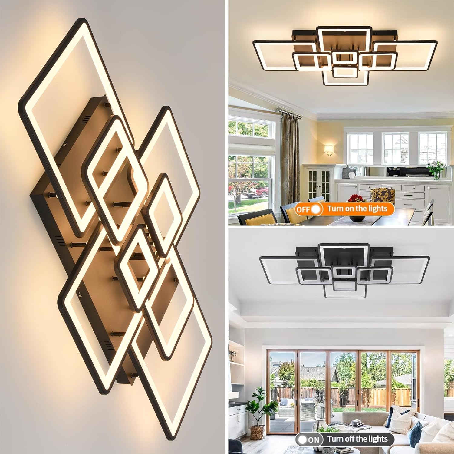 LED Ceiling Lights Dimmable Flush Mount Chandelier, Black 8-Ring Modern Acrylic LED Ceiling Lamp Fixture with Remote Control Indoor Low-Profile Lighting for Living Room, Dining Room, Bedroom Kitchen