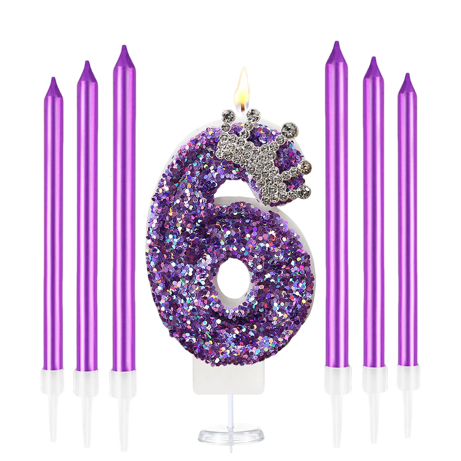 K Pop Number Birthday Candles, Glitter Crown Birthday Candles with 6 Pcs Long Candles, Stylish Kpop Music Themed Cake Topper for Girls Birthday Party Supplies (6 Candle, Holo Purple)