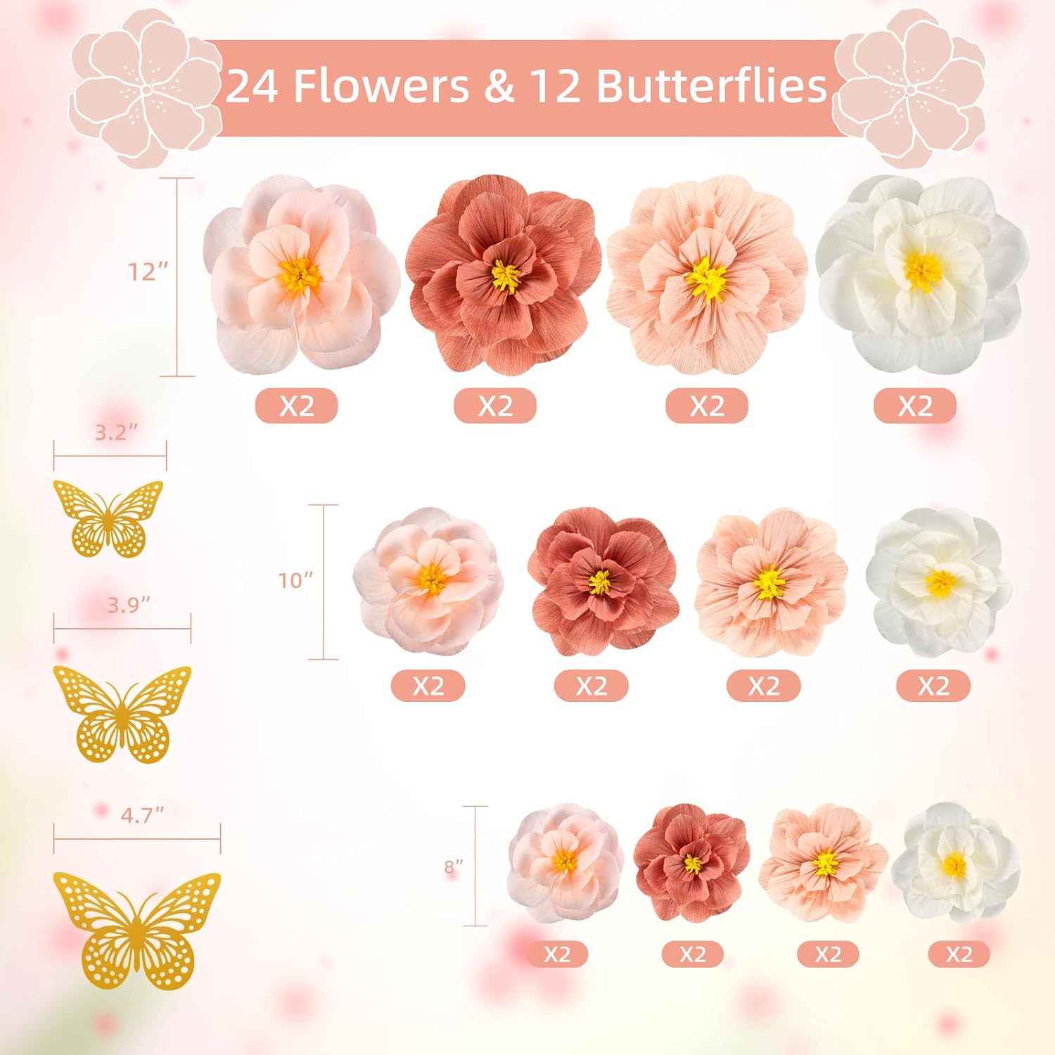 Qunland 36 Pcs Tissue Paper Flowers, Crepe Paper Flowers Decorations, Large Paper Flower w 3D Butterfly for Baby Shower Nursery Room Wedding Birthday Party & Events Wall Décor(Pink White)