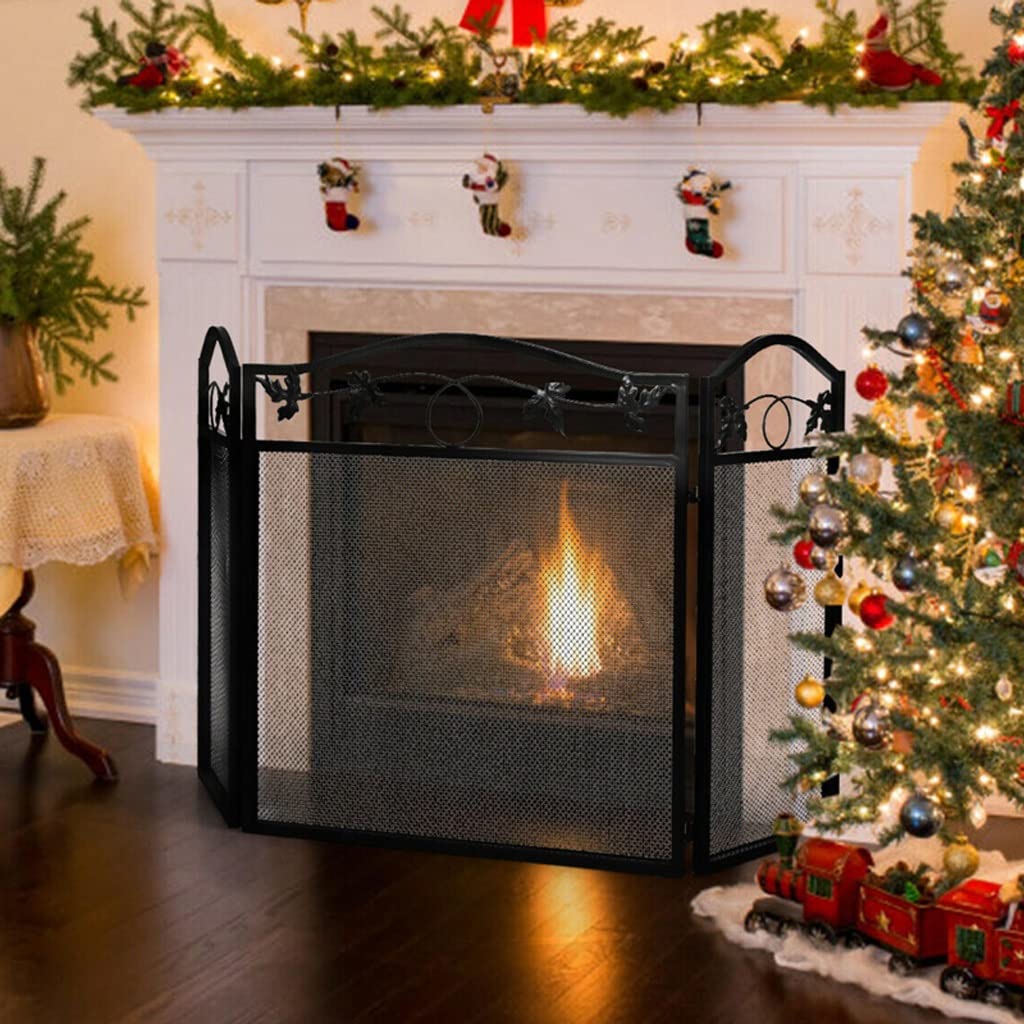 Schermi per Caminetti di Guardia Pannello camino schermo in ferro foglia foglia foglia camino tri-fold schermo partition casa forno forno decorazione Accessori per Caminetti in Rete Decorativa