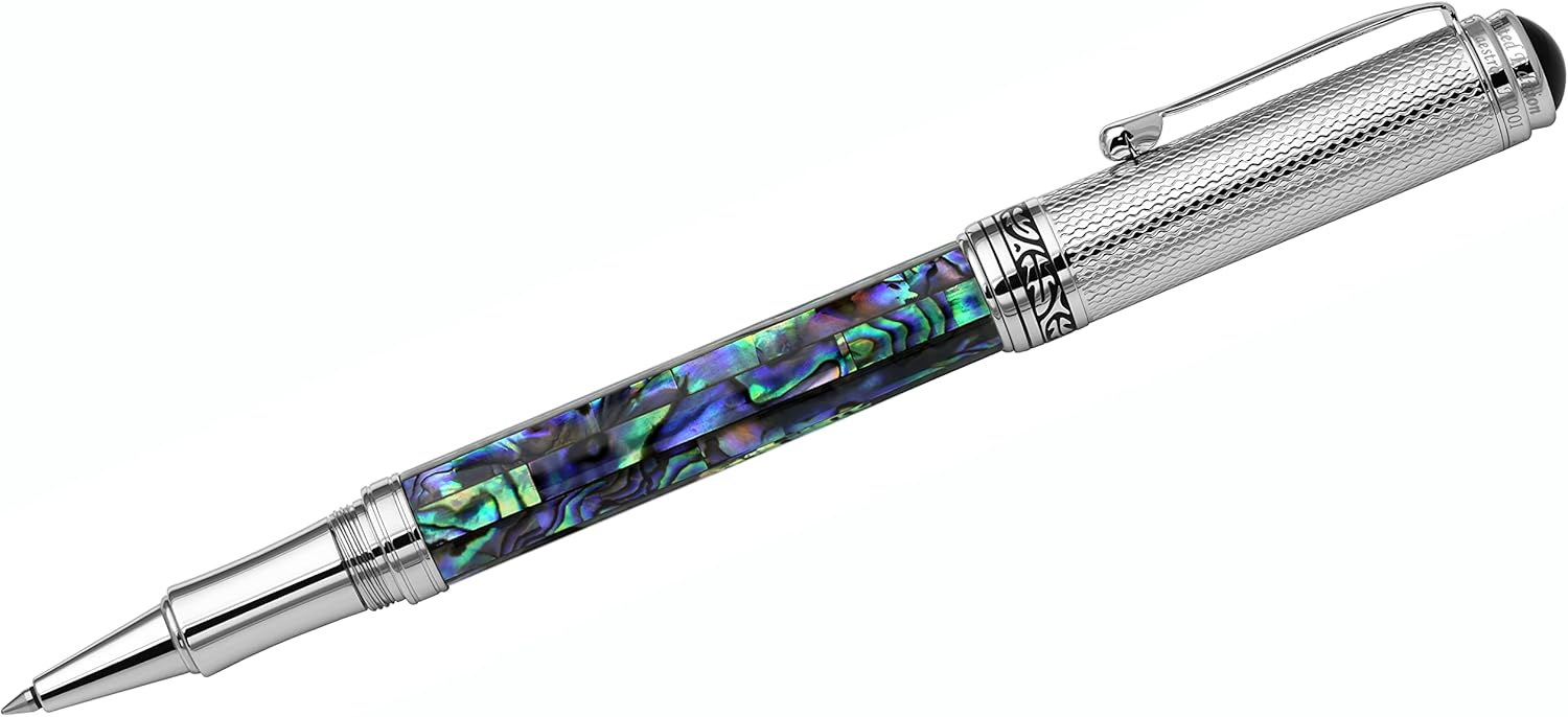 Xezo Maestro Rollerball Pen, Fine Point. Pāua Abalone Sea Shell Inlay with Chrome Plating. Handcrafted, Limited Edition, Serialized. No Two Pens Alike