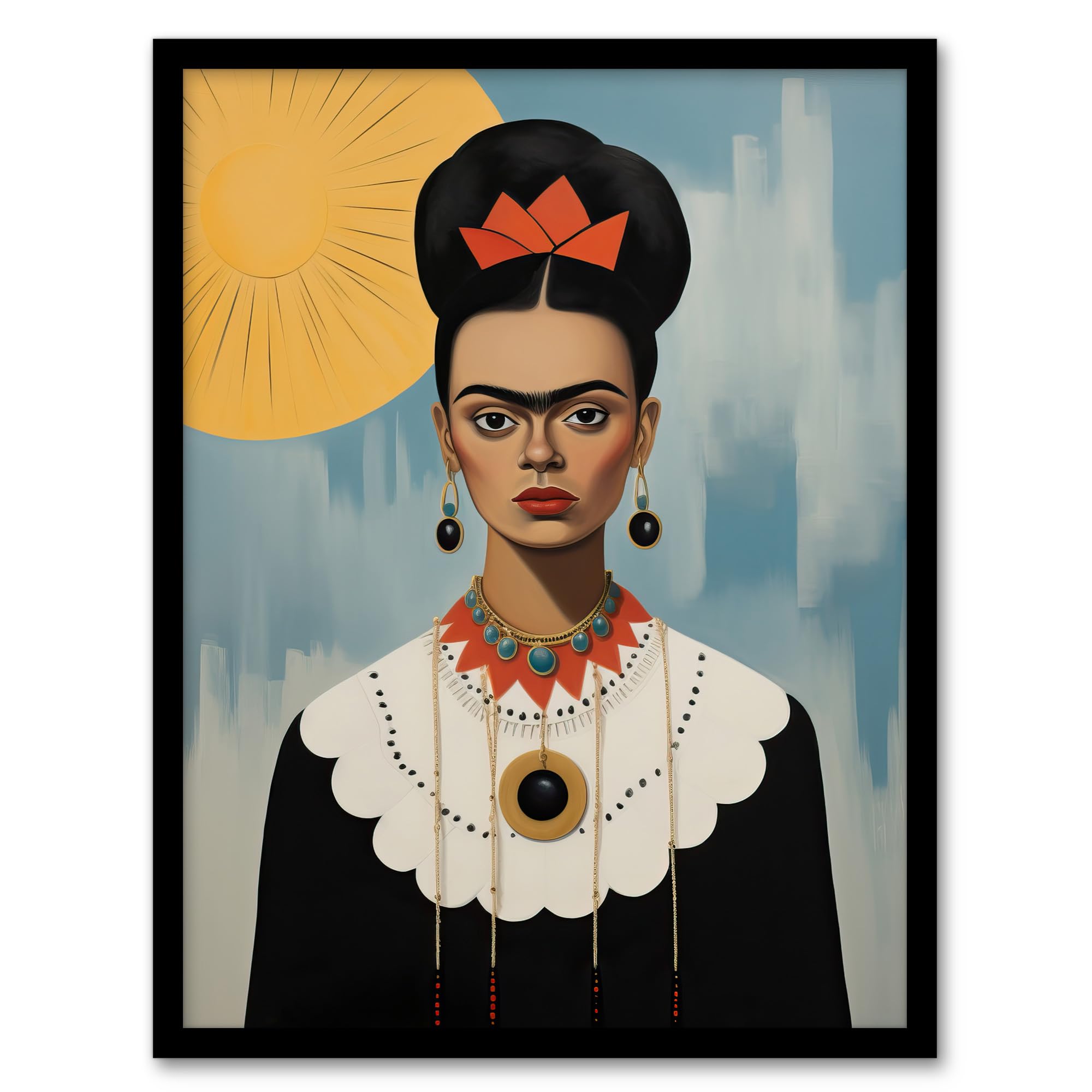 Wee Blue Coo Trendy Mexican Artist Painted Portrait Artwork Framed Wall Art Print 18X24 Inch