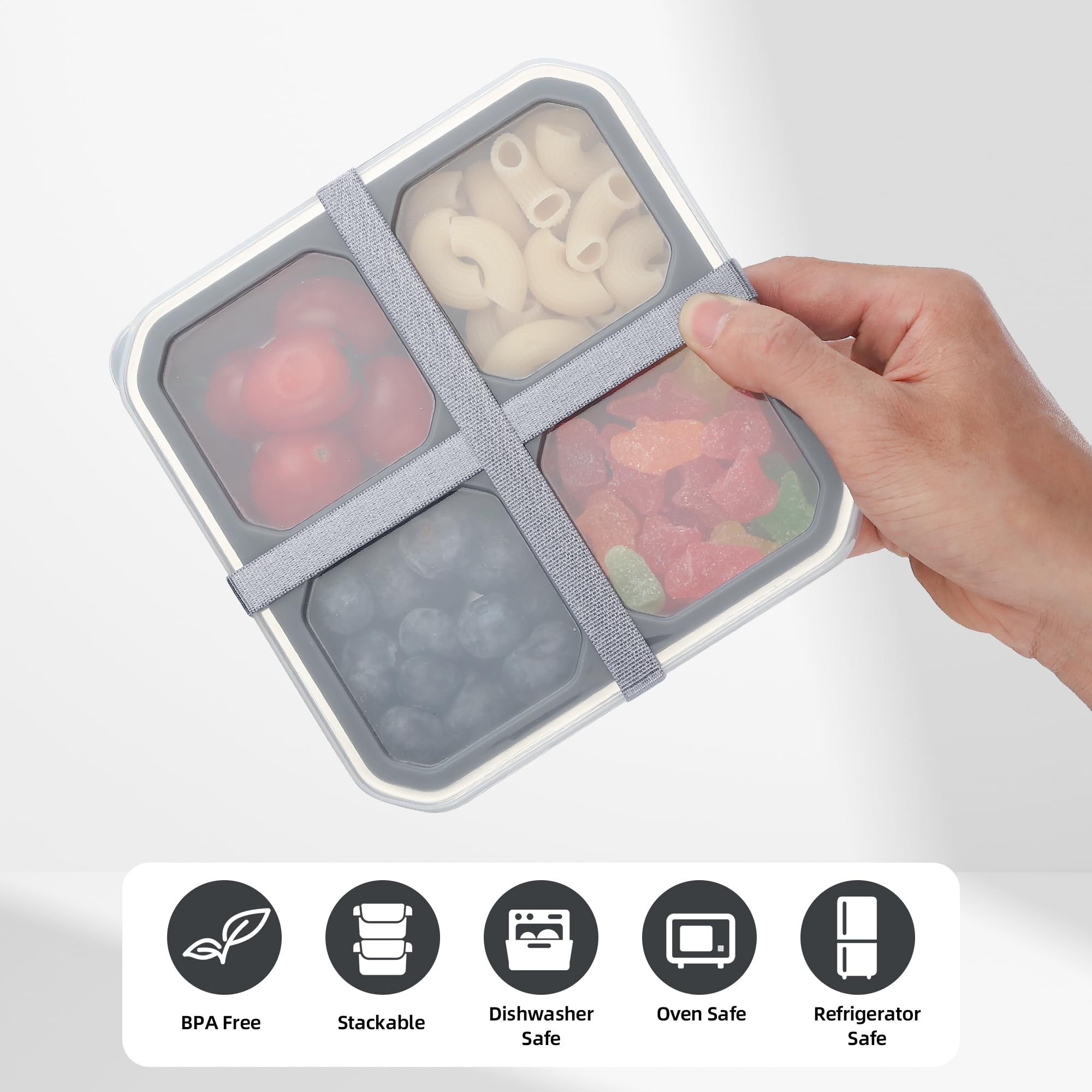 Misichao Edelstahl Snackbox mit 4 Fächern, 400ML Snackdose Kinder, Brotdose Erwachsene, Lunchbox Spülmaschinenfest BPA-Frei (Grau x 4)