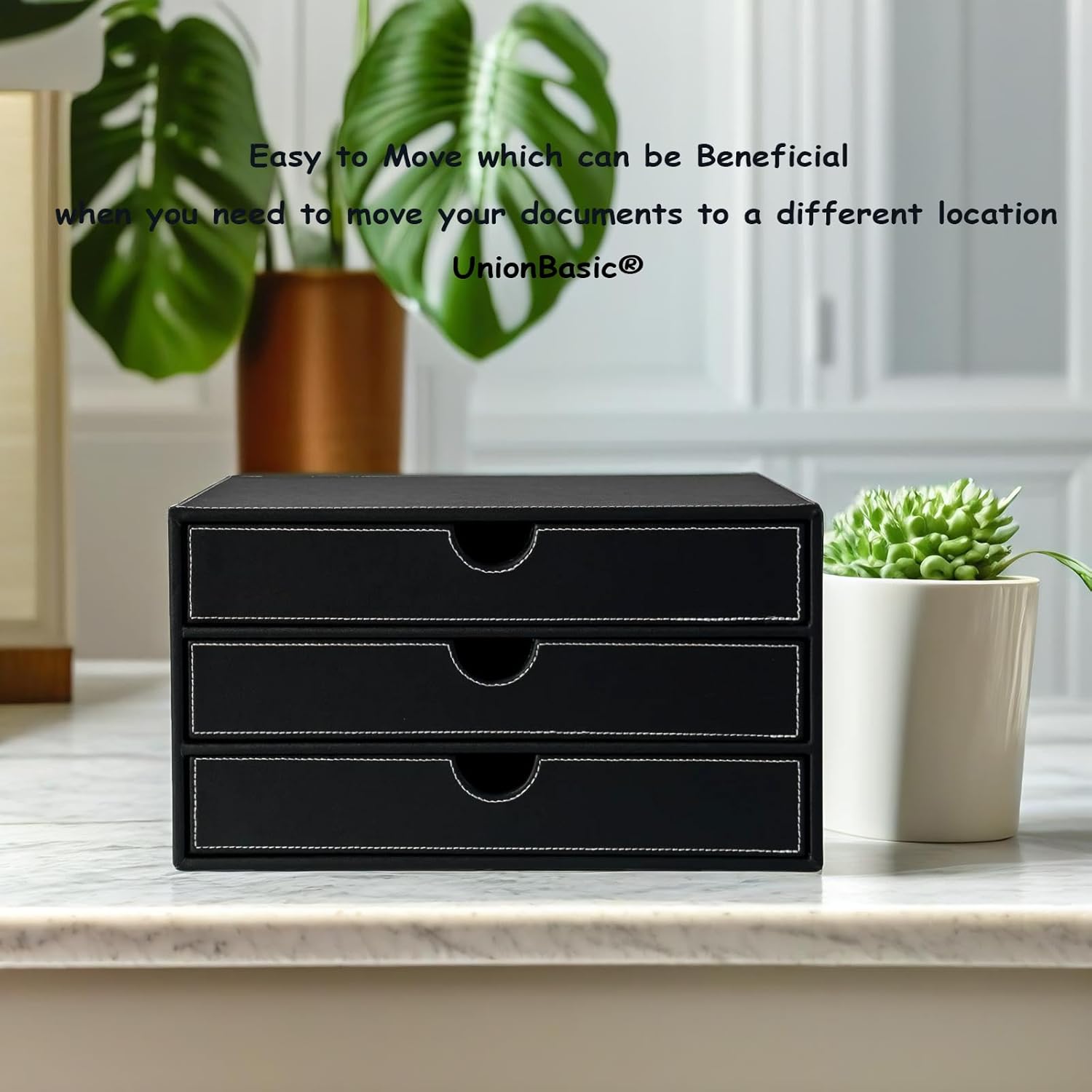 UnionBasic Document Organizer, 3-Drawer File Cabinet Document Storage Box, Office Desktop Filing Organizer, Black with White Stitching