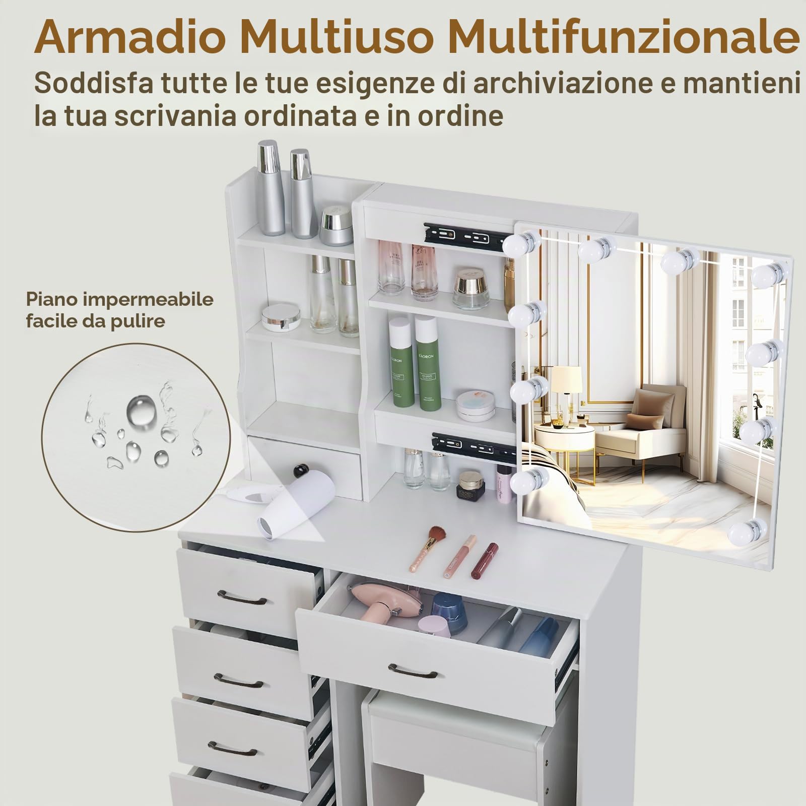 Tavolo da toeletta con illuminazione a LED e specchio, tavolo cosmetico per trucco e cosmetici, tavolo da toeletta con 3 colori luminosità regolabile 56