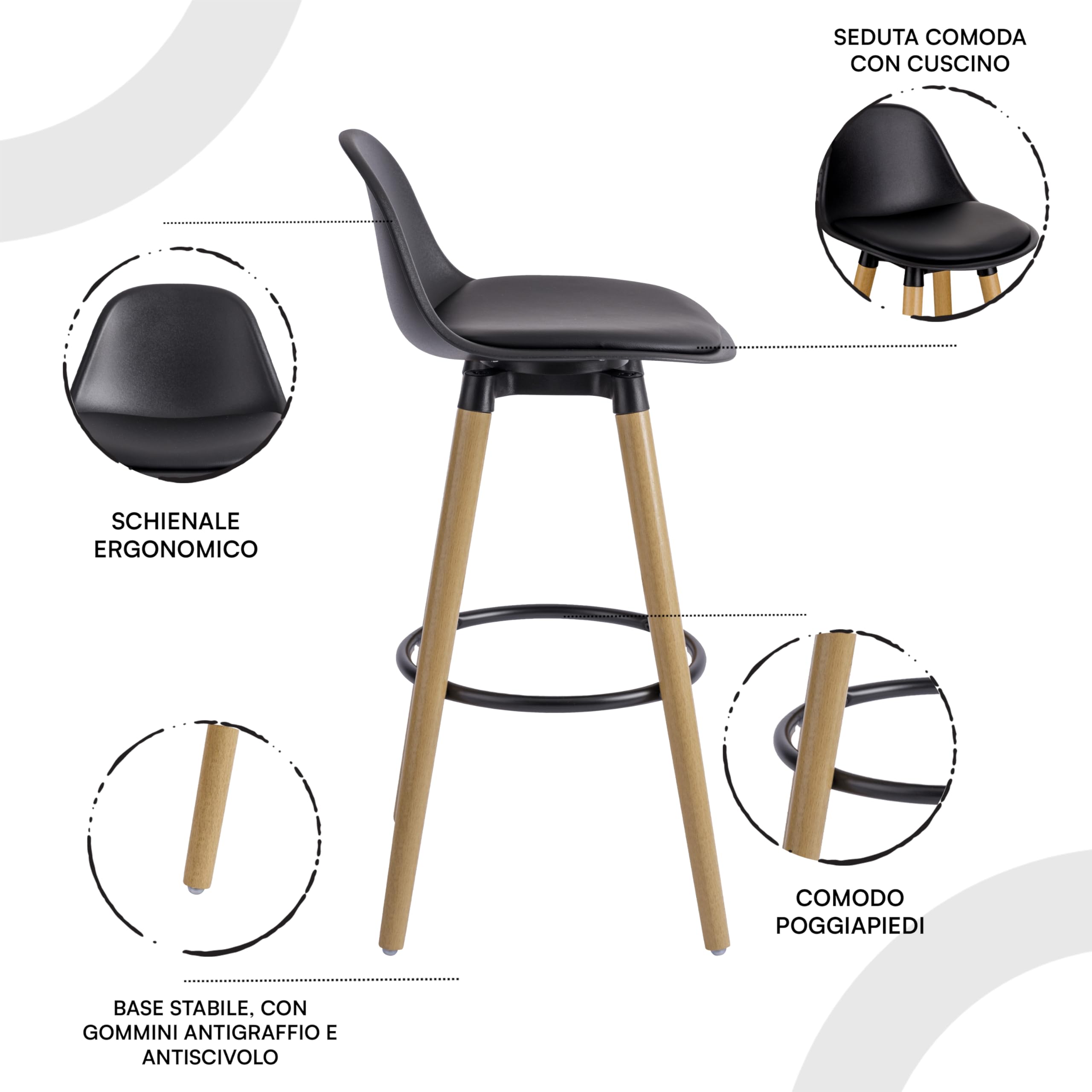 Baroni Home Juego de 2 taburetes con Respaldo y cojín, reposapiés – Diseño Moderno, Taburetes Altos de PU y Madera de Acero para casa y Restaurante, 40x42x92 cm, Negro, 2 Unidades