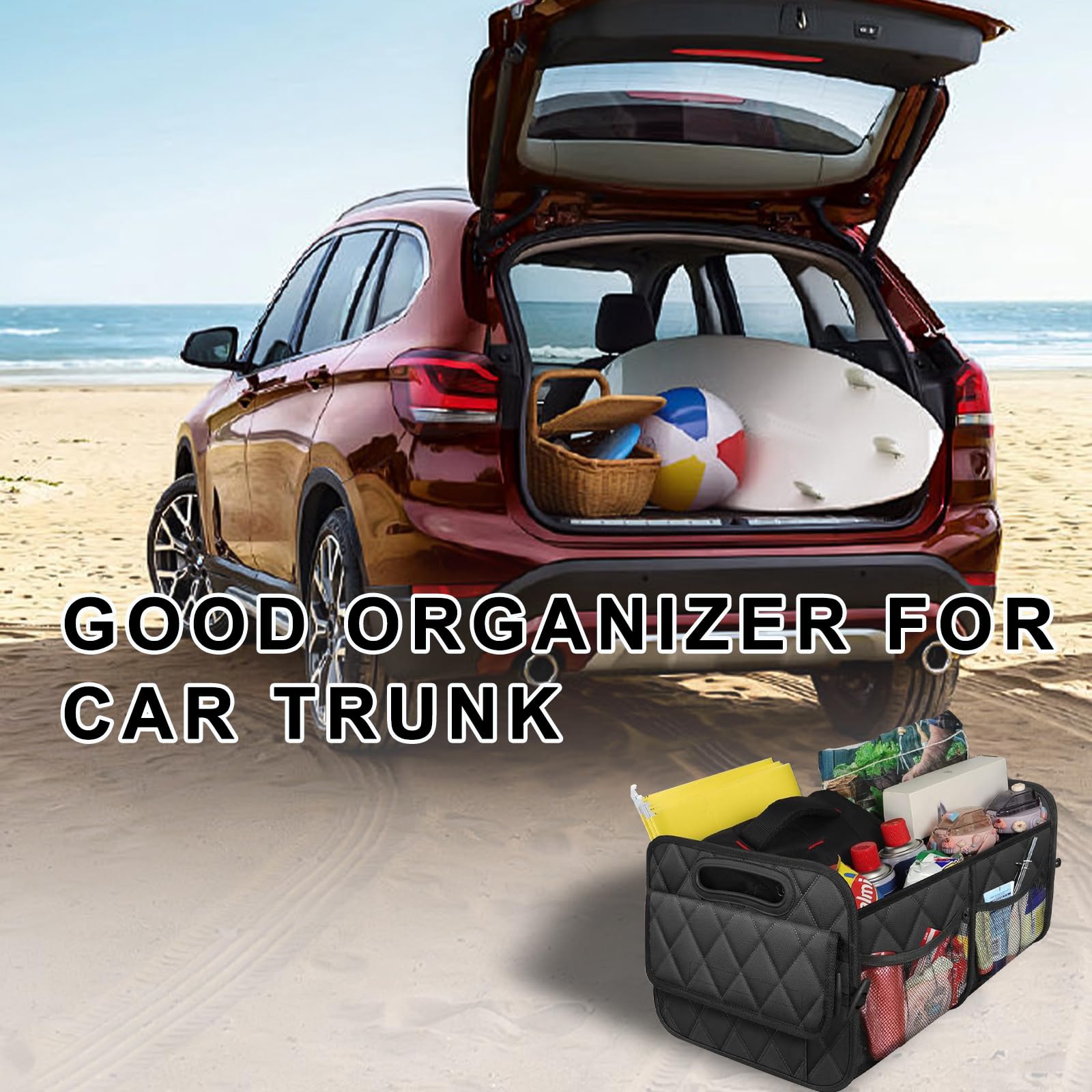 Kofferraum-Organizer, faltbare Auto-Aufbewahrungsbox mit mehreren Taschen, wasserdichter Oxford-Cargo-Organizer mit verstärkten Griffen, universelles Autozubehör für Männer und Frauen (weiß)