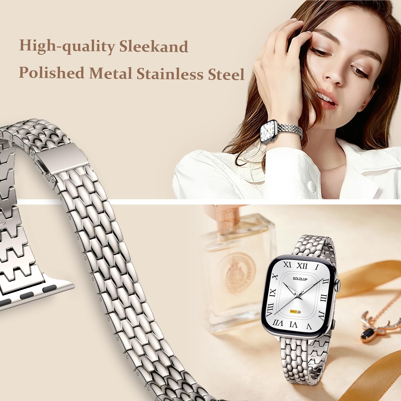 SOLOLUP Bracelet de montre en métal à cinq maillons pour Apple Watch Series 11 10 9 8 7 6 5 4 3 SE 3/2/1 pour homme et femme, modèle professionnel, bracelet en acier inoxydable pour iWatch 40 41 38 42