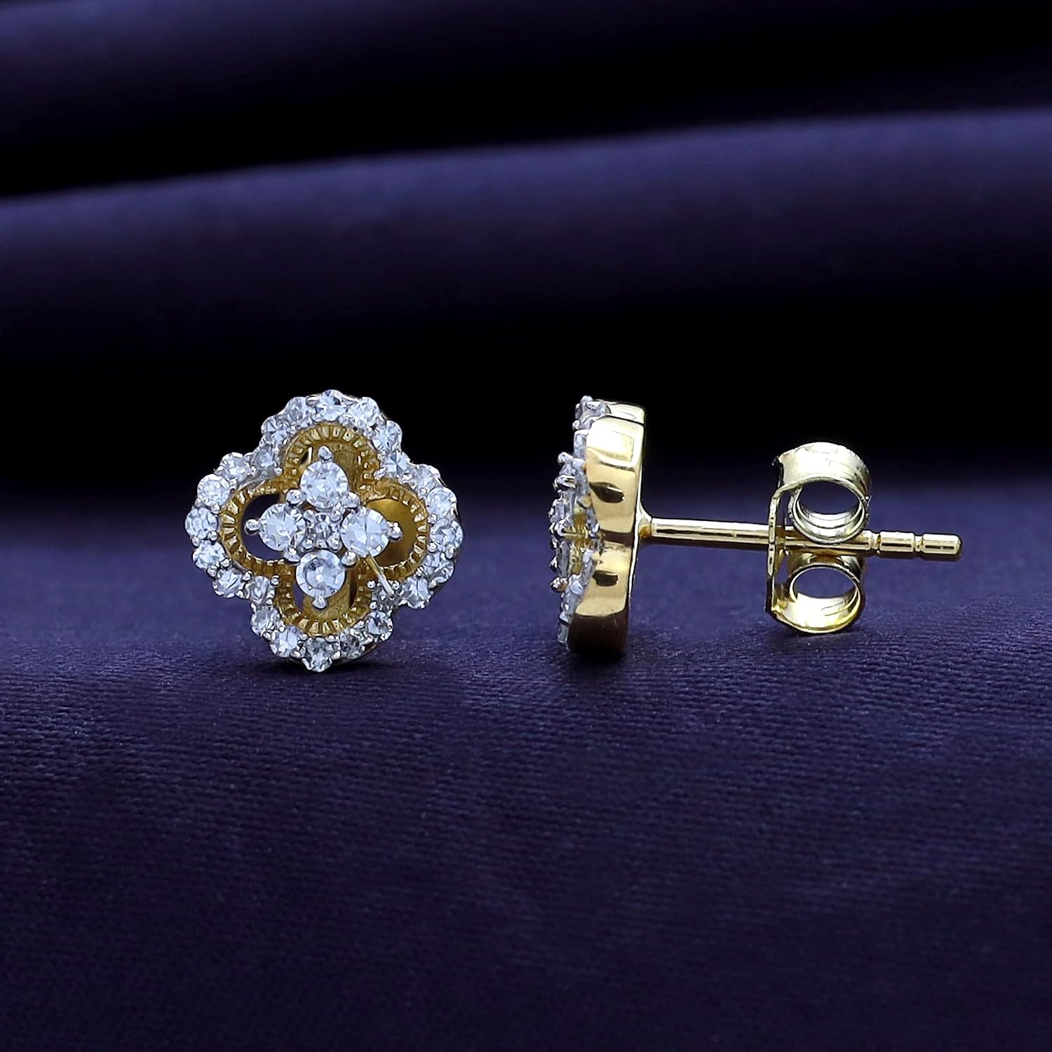 Four Leaf Clover Stud Earrings for Women 1/3 Carat (ctw) Round Cut Lab Grown Diamond Push Back Earring in 14K Gold Plated 925 Sterling Silver or Vermeil Jewelry for Her