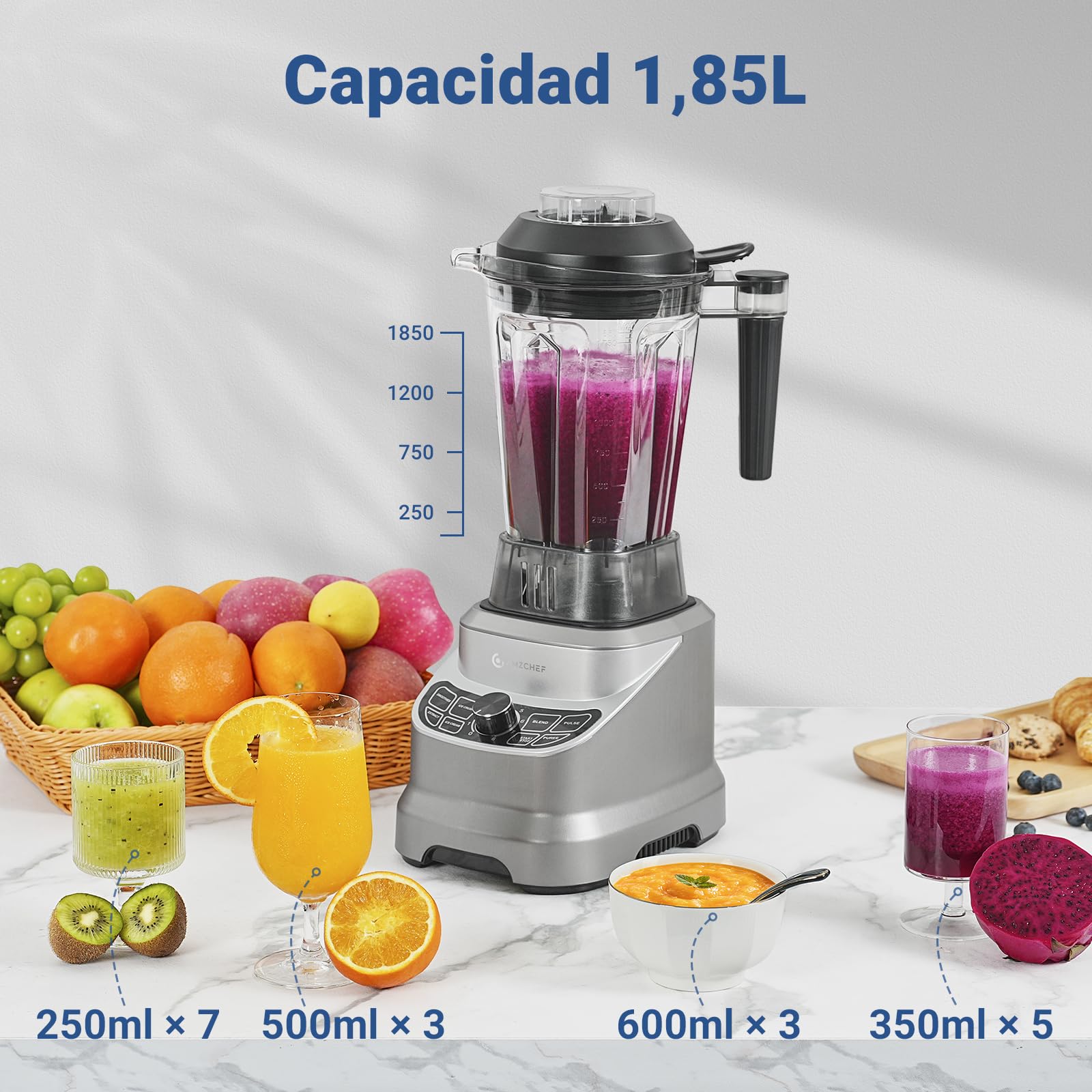 AMZCHEF Batidora de Vaso con 8 Velocidades Seleccionables | Batidora profesional hosteleria 1800W | 1.85 Litros Licuadoras para Zumos y Batidos, Smoothies, Frutas Congeladas, Pica Hielo