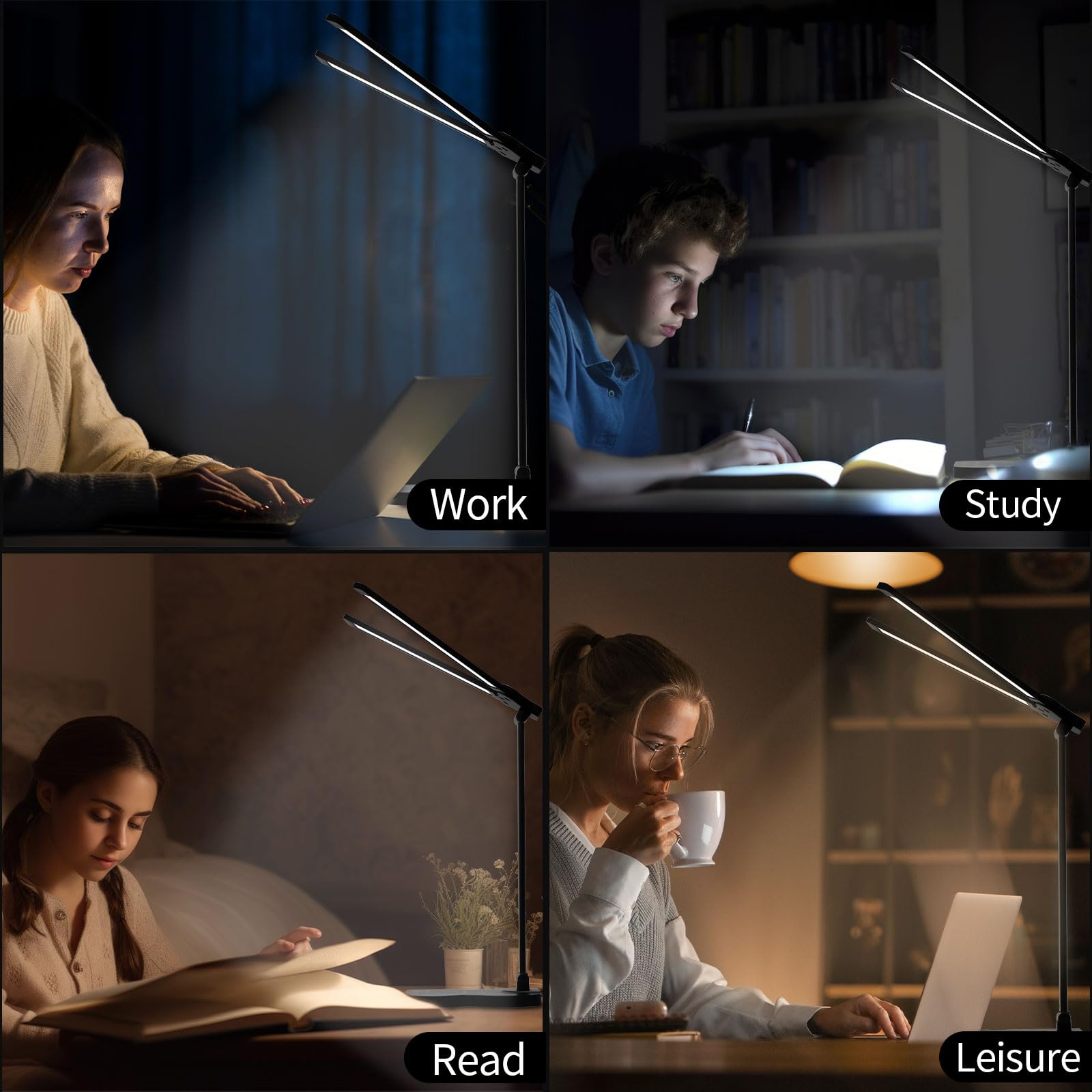LQWELL® Lampe de bureau LED à intensité variable à double extrémité, 5 couleurs et 10 luminosité, lampe de lecture sans danger pour les yeux, commande tactile et fonction mémoire, minuterie